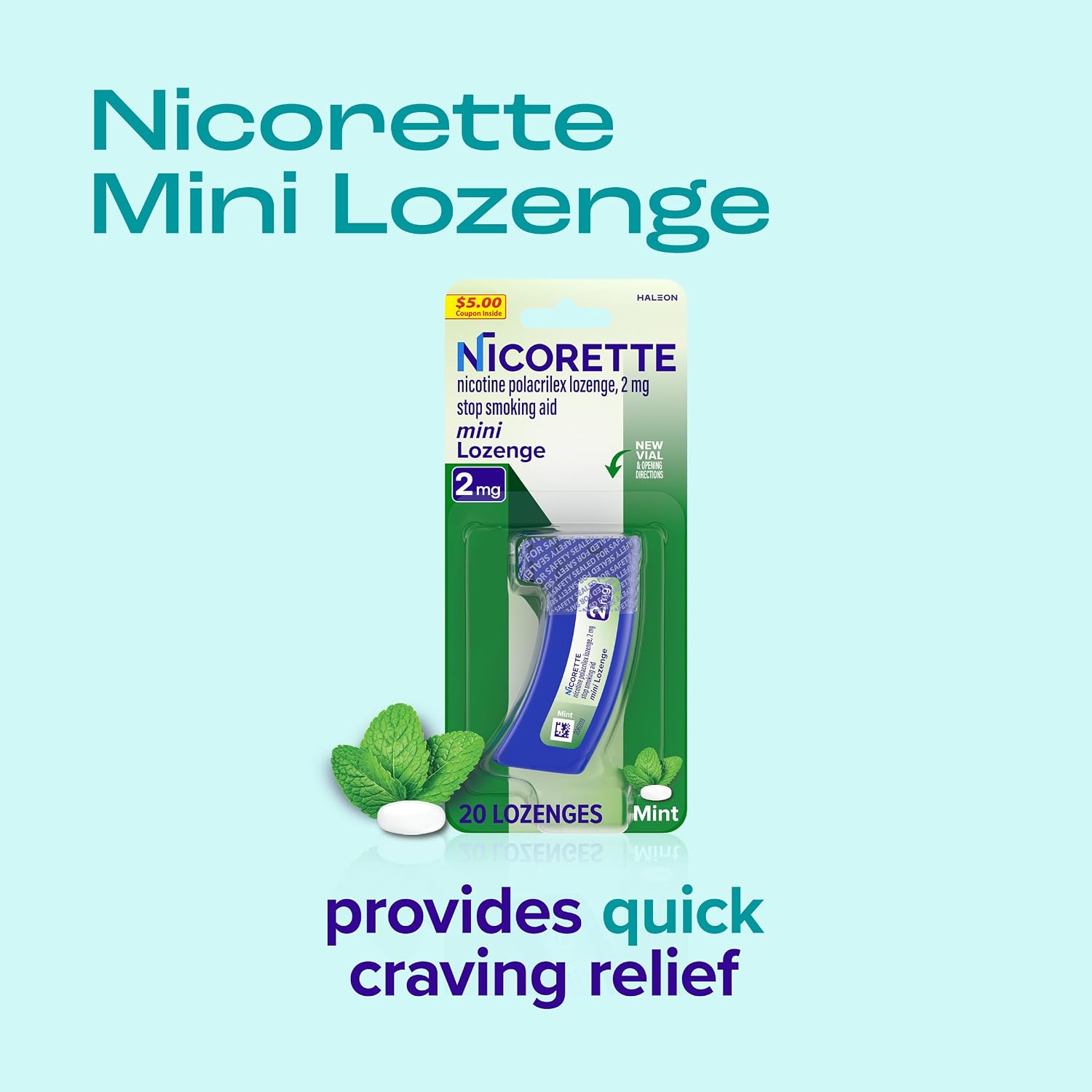 Nicorette Mini Nicotine Lozenges 2mg, Mint Flavor, 20 Count | Quit Smoking Aid, Reduces Nicotine Cravings and Withdrawal Symptoms, Intense Craving Relief, Smoking Cessation Lozenge