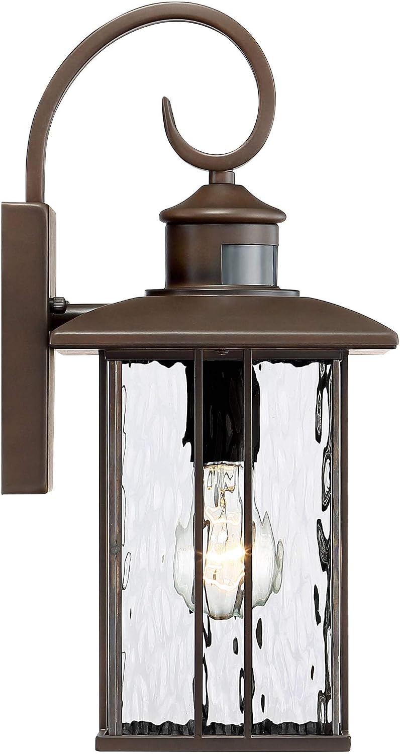 Deaver 15 1/4" Rubbed Bronze Motion Sensor Outdoor Wall Light Fixture | Modern Oil Clear Water Glass Lantern Dusk to Dawn Security Exterior House