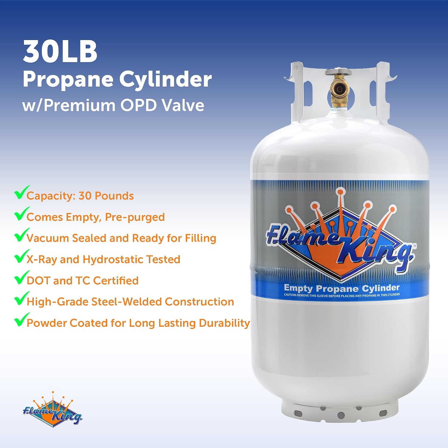 Flame King YSN-301 30 Pound Steel Propane Tank Cylinder with Type 1 Overflow Protection Device Valve DOT and TC Compliant