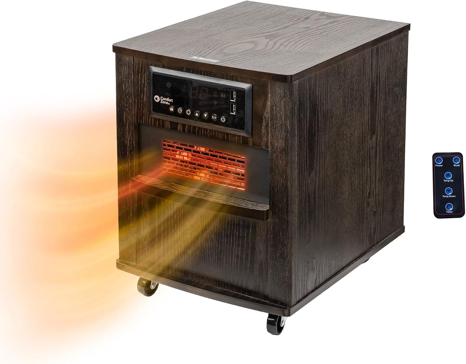 Comfort Zone Indoor Space Heater, 20 inch, 1,500 watt, Cabinet Heater with Remote, Infrared, Quartz, USB Charging Ports, Timer, Tip Over Switch & Overheat Protection, Ideal for Home & Office, CZ2062W