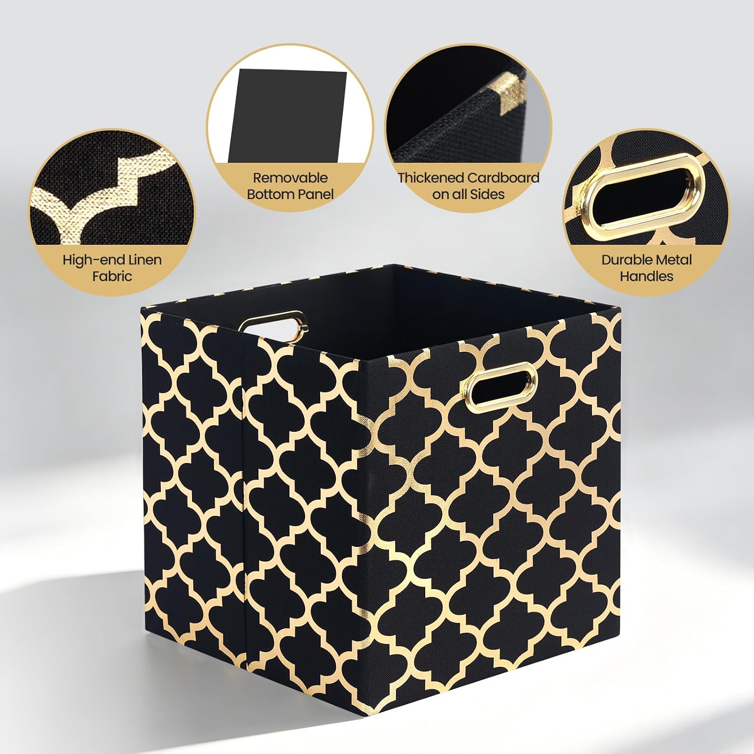 Posprica Storage Bins, Storage Cubes,13×13 Fabric Drawers Organizer Basket Boxes Containers (13×13×13/4pcs, Cream/gold geometry Pattern)