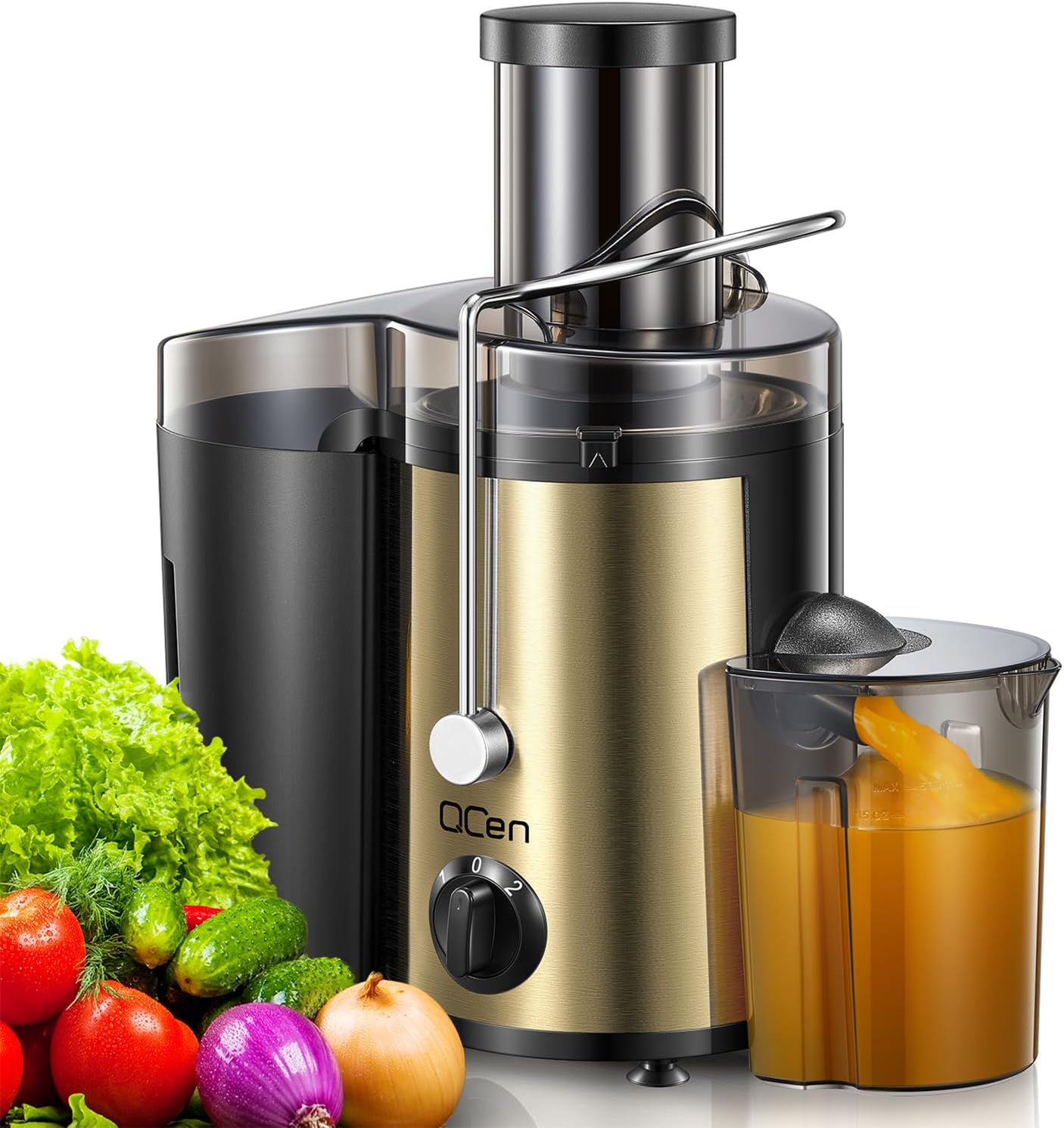 QCen Juicer Machine 500W Centrifugal Juicer with Extra Wide Feed Chute
