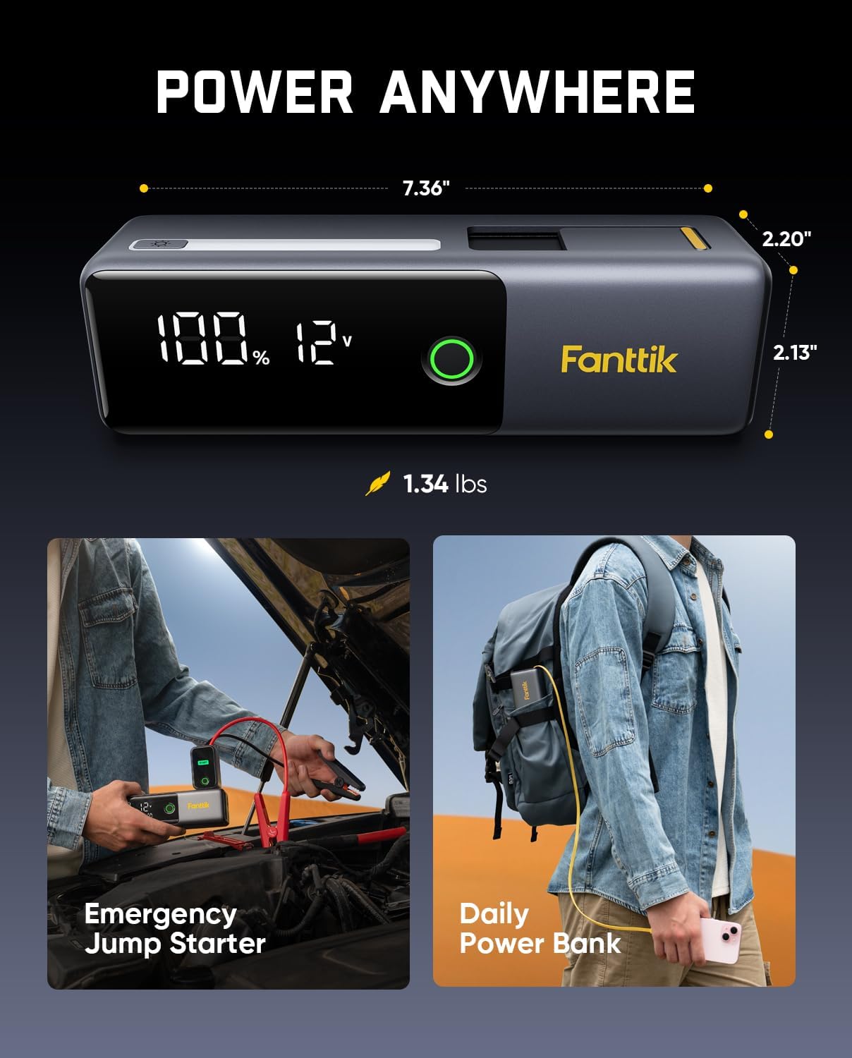 Fanttik Potent T10 1800A Portable Jump Starter for 7.0L Gas and 5.0L Diesel | 12V Safe Lithium, 12000mAh Power Bank, Retractable Charging Cable