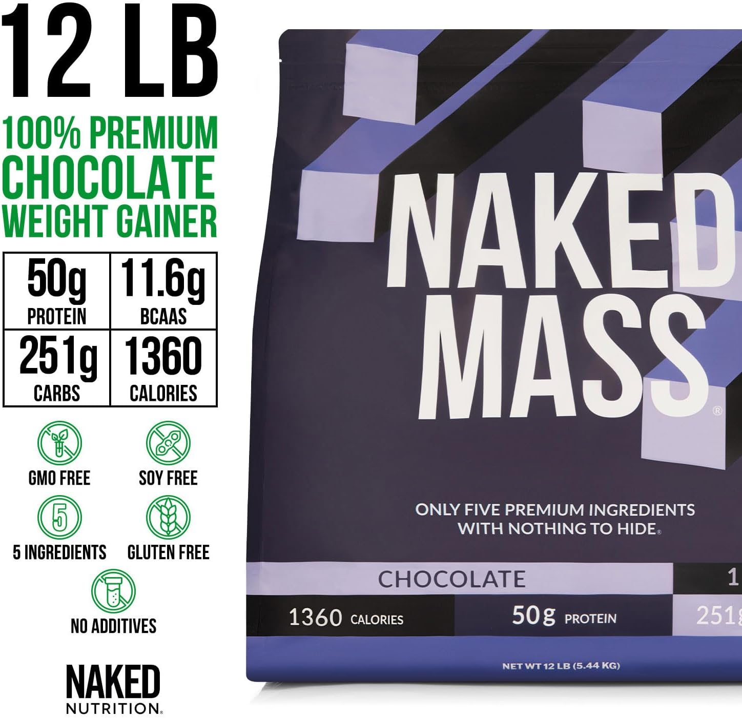 NAKED Mass - Natural Weight Gainer Protein Powder - 8 LB Bulk, NSF Certified, GMO Free, Gluten Free & Soy Free. No Artificial Ingredients - 1,250 Calories per Serving