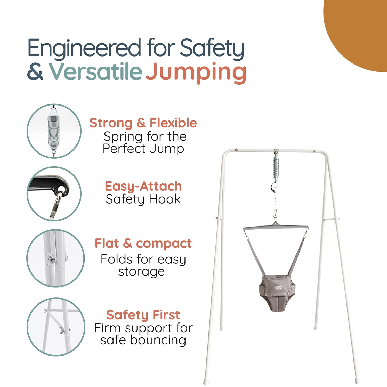 Jolly Jumper Classic (Grey) with Stand - Original Baby Jumper, Indoor and Outdoor Exercise Saddle Seat, Adjustable Height, for Infants up to 28lbs