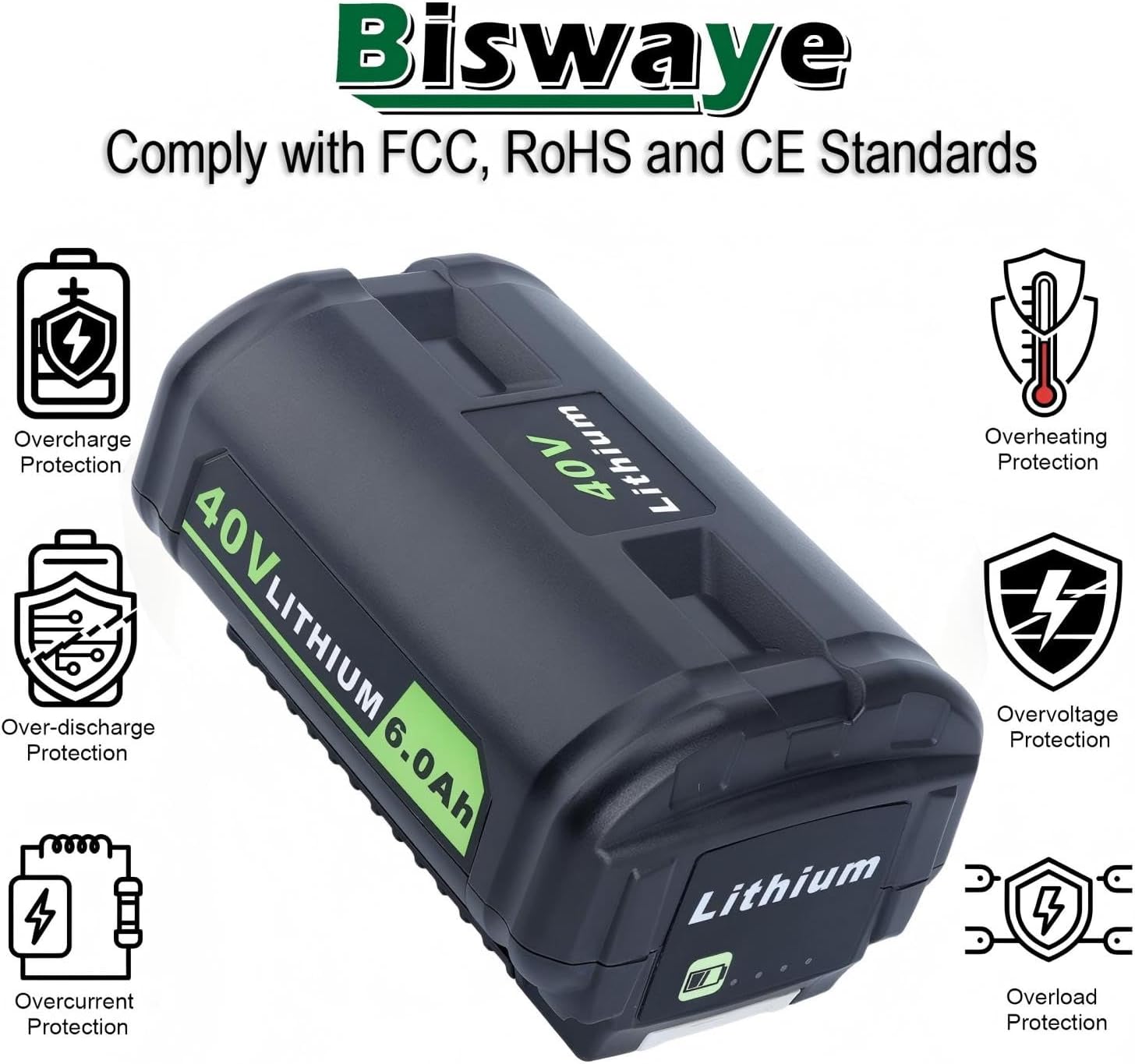 Biswaye 40V 6Ah Lithium Battery Replacement for Ryobi 40V Battery OP4040 OP40601 OP4026 OP40261 OP40401 OP40501 OP4015 OP40602 OP40404 OP40603