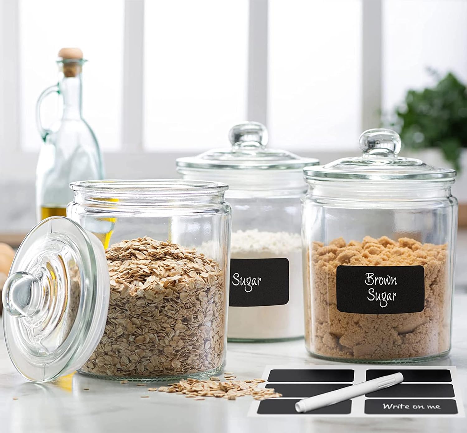 Le’raze 3pc Canister Sets for Kitchen Counter + Labels & Marker - Glass Cookie Jars with Airtight Lids - Food Storage Containers with Lids