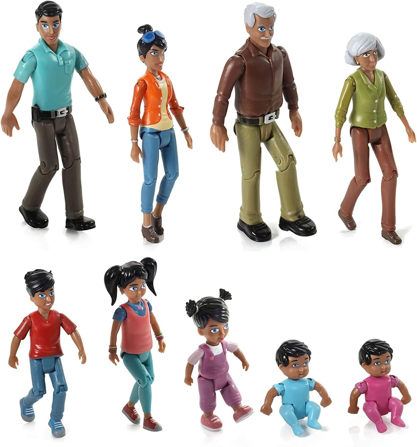 Beverly Hills Doll Collection Sweet Li'l Family Hispanic Dollhouse People Set of 9 Action Figure Set - Grandpa, Grandma, Mom, Dad, Sister, Brother
