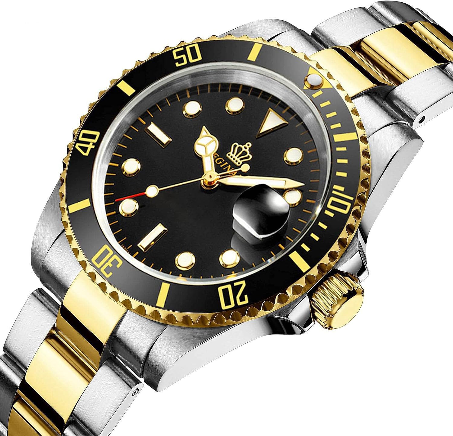 FANMIS Men's Two-Tone Stainless Steel Quartz Watch, Rotating Bezel and Date | Green Dial, Luminous Hands and Markers, Magnified Date Window, Fold-Over Safety Clasp, 30M Water Resistant for Everyday Wear.