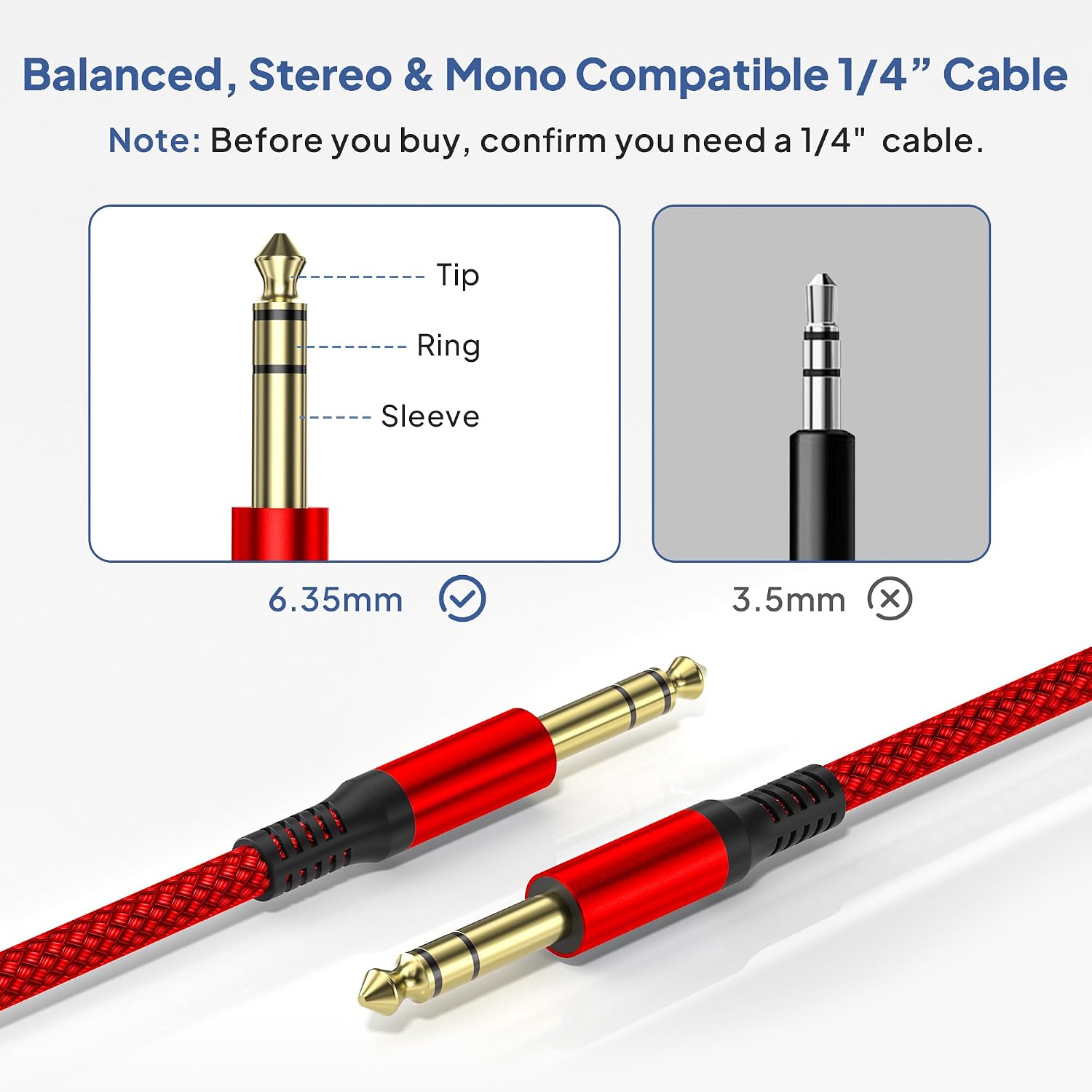 Elebase 1/4 Inch TRS Instrument Cable 10FT 2Pack,6.35mm Male Guitar Cord 3M