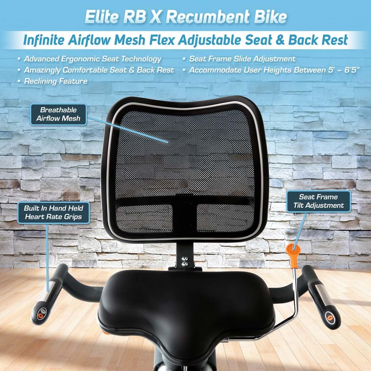 Elite RB X Recumbent Exercise Bike - FreeSync FTMS Bluetooth Smart App Connectivity - Compact 49" (L) - Oversized Soft 4-Way Adj. Seat - 350 lb Cap.