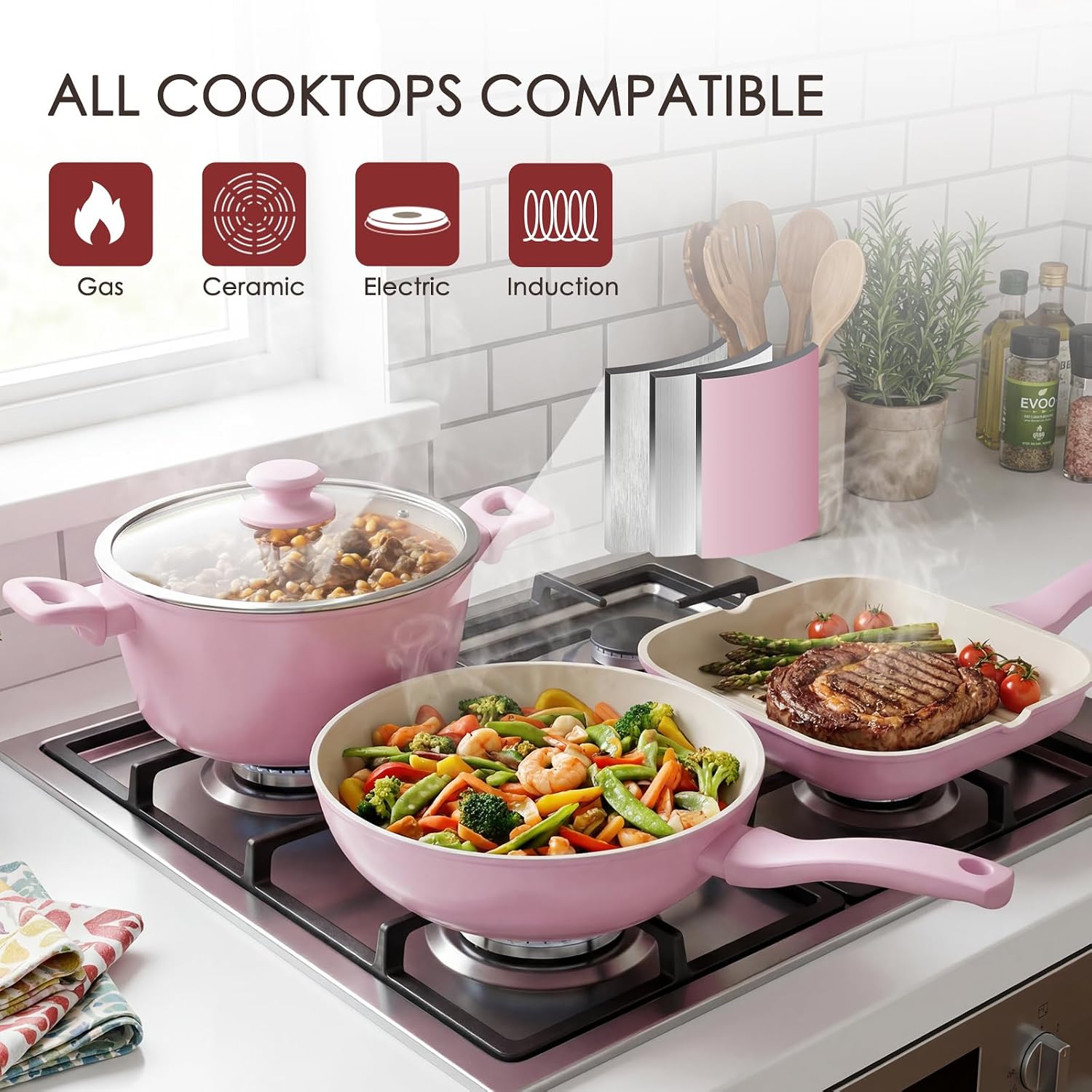 Kikcoin Pots and Pans Set Non Stick 31 Piece Kitchen Nonstick Cooking Cookware Sets with Grill Pan Saucepan Baking Sheet Utensil, Black