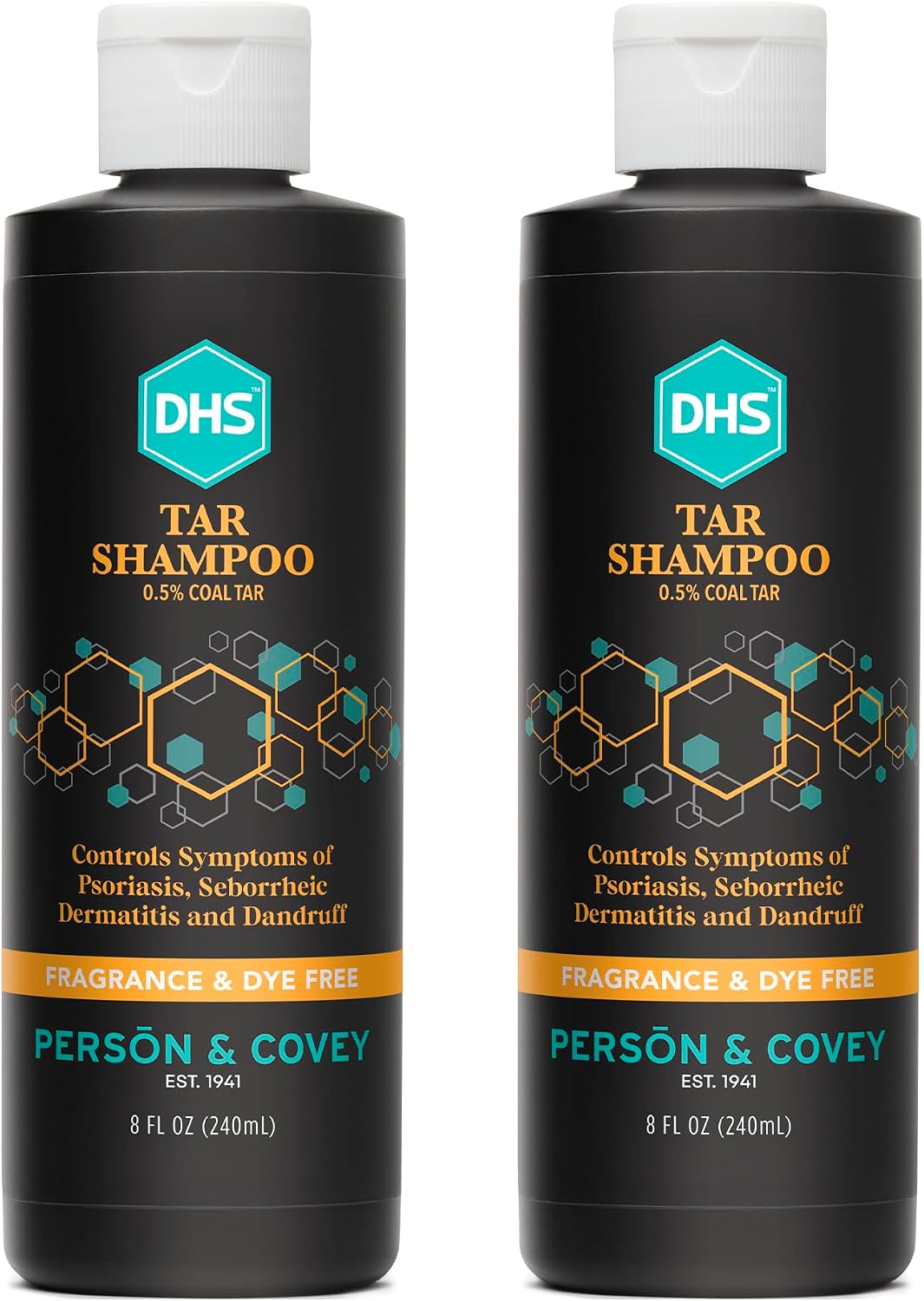 DHS Person & Covey, Inc Coal Tar Shampoo - Dandruff Shampoo for Men & Women, Psoriasis & Dandruff Hair Care for Itchy Scalp, Unscented Seborrheic Dermatitis Hair Care - 8 Fl Oz, Pack of 2