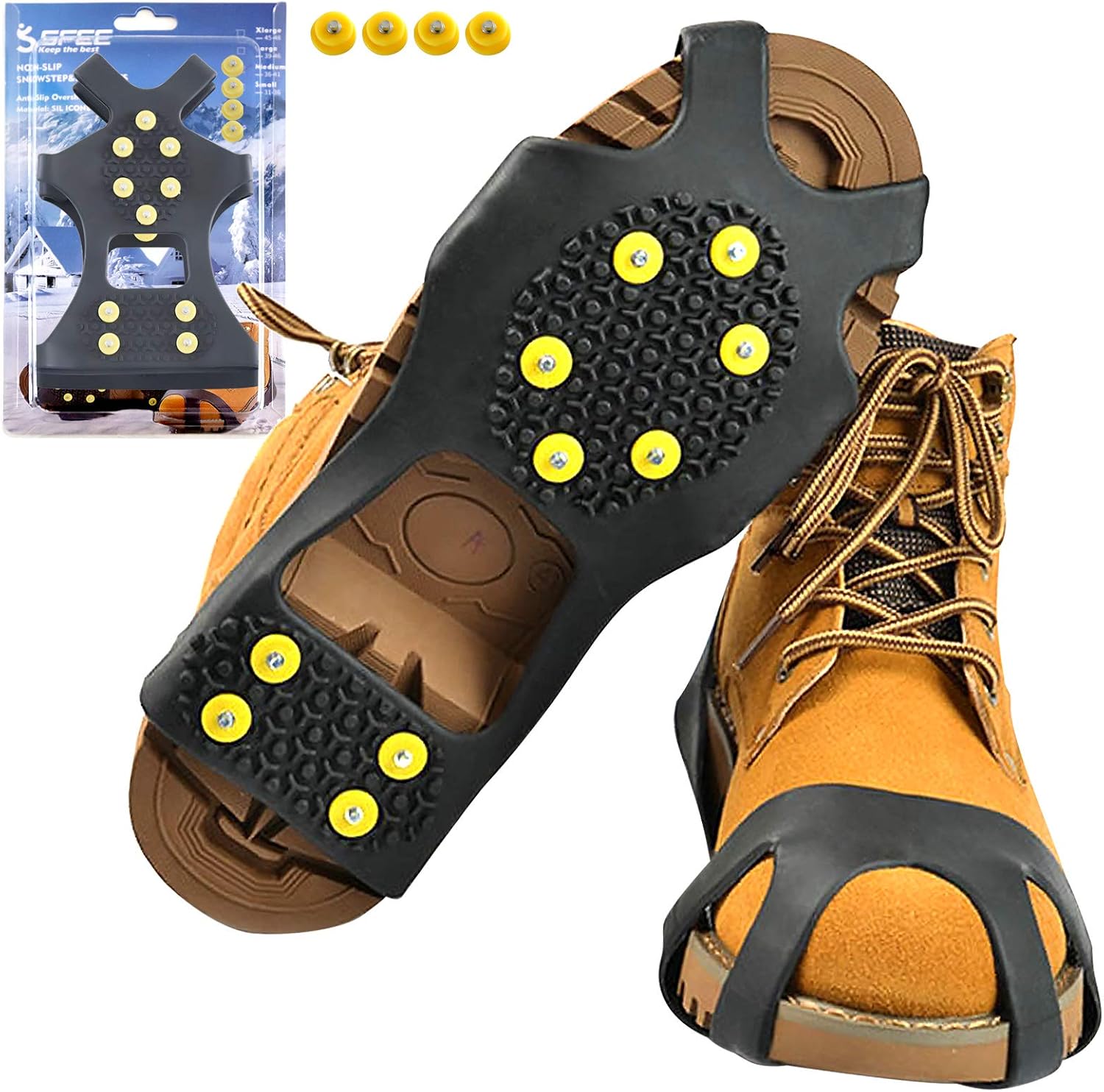 Ice Cleats for Boots Shoes, Snow Grips Cleats for Ice and Snow Anti-Slip Rubber Traction Cleats for Walking on Snow and Ice 10 Steel Studs Crampons for Hiking, Walking, Climbing, Jogging