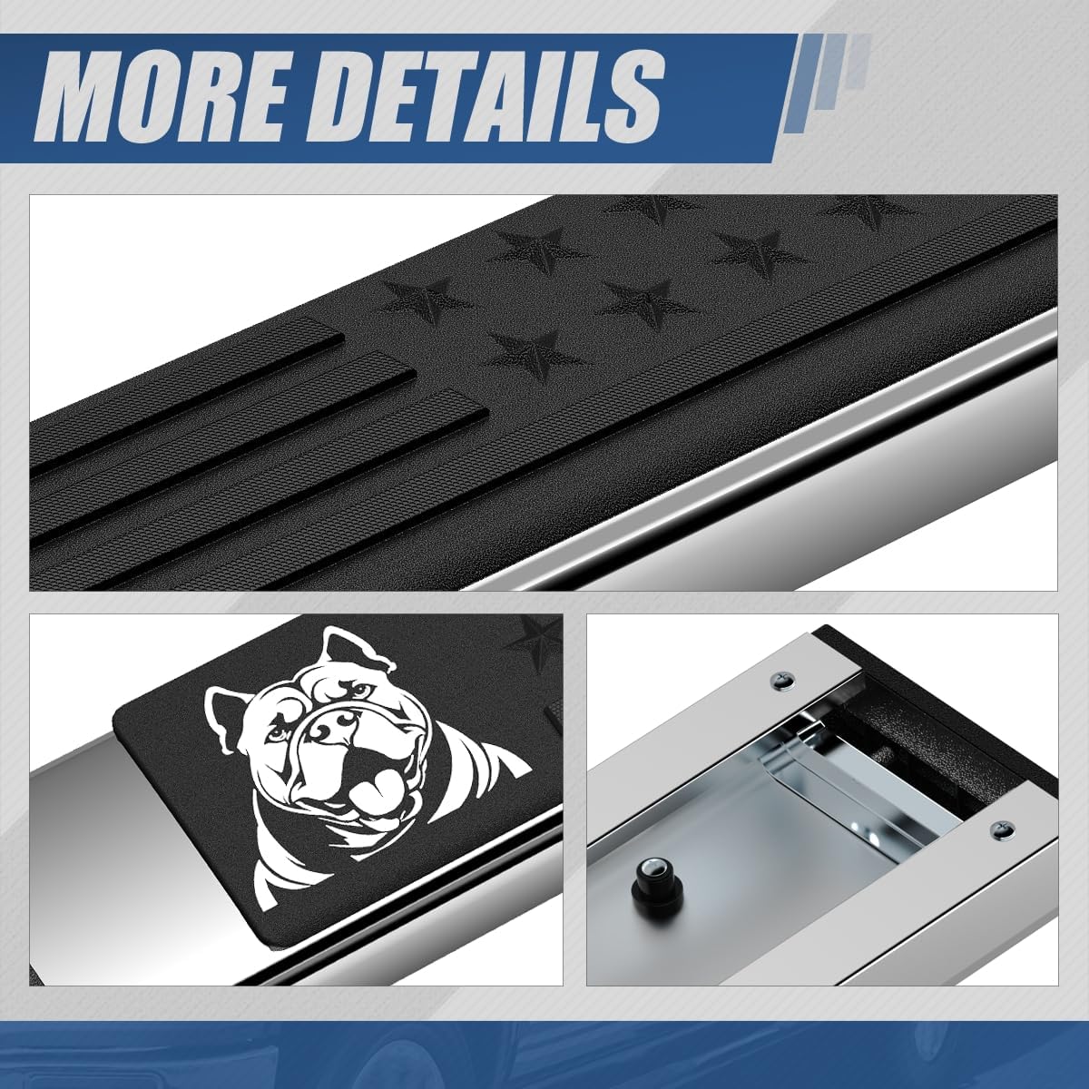Auto Dynasty Running Board for 2009-2023 Ram 1500-3500 Classic Crew Cab 4DR | 6.75" Stainless Steel Bull Dog Pattern Step Pads