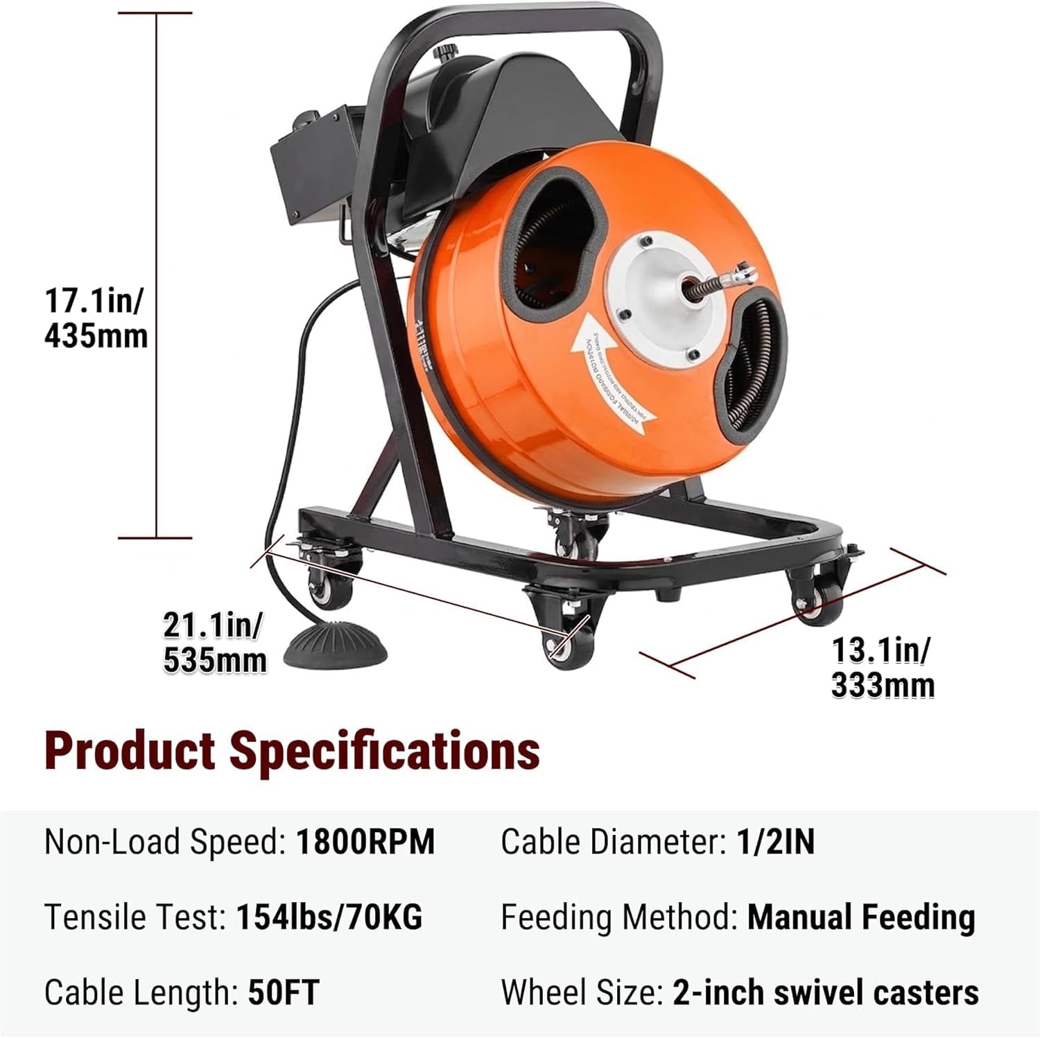 HoldwellS 50FT x 5/16 Inch Drain Cleaner Machine, Electric Drain Auger for 3/4"-3" Pipes, Sewer Snake Auger with 4 Cutters & Pneumatic Foot Switch