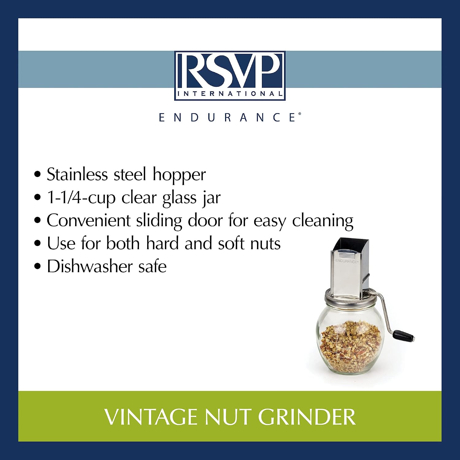 RSVP International Endurance Vintage Inspired Nut Grinder, 1.25 Cup Capacity, Glass Bottom