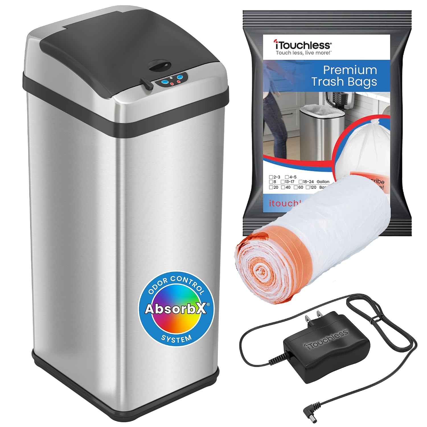 iTouchless Touchless Trash Can with AC Adapter, 3 Odor Filters Big Lid Opening Sensor Kitchen Garbage Bin, 13 Gallon, Stainless Steel, Platinum