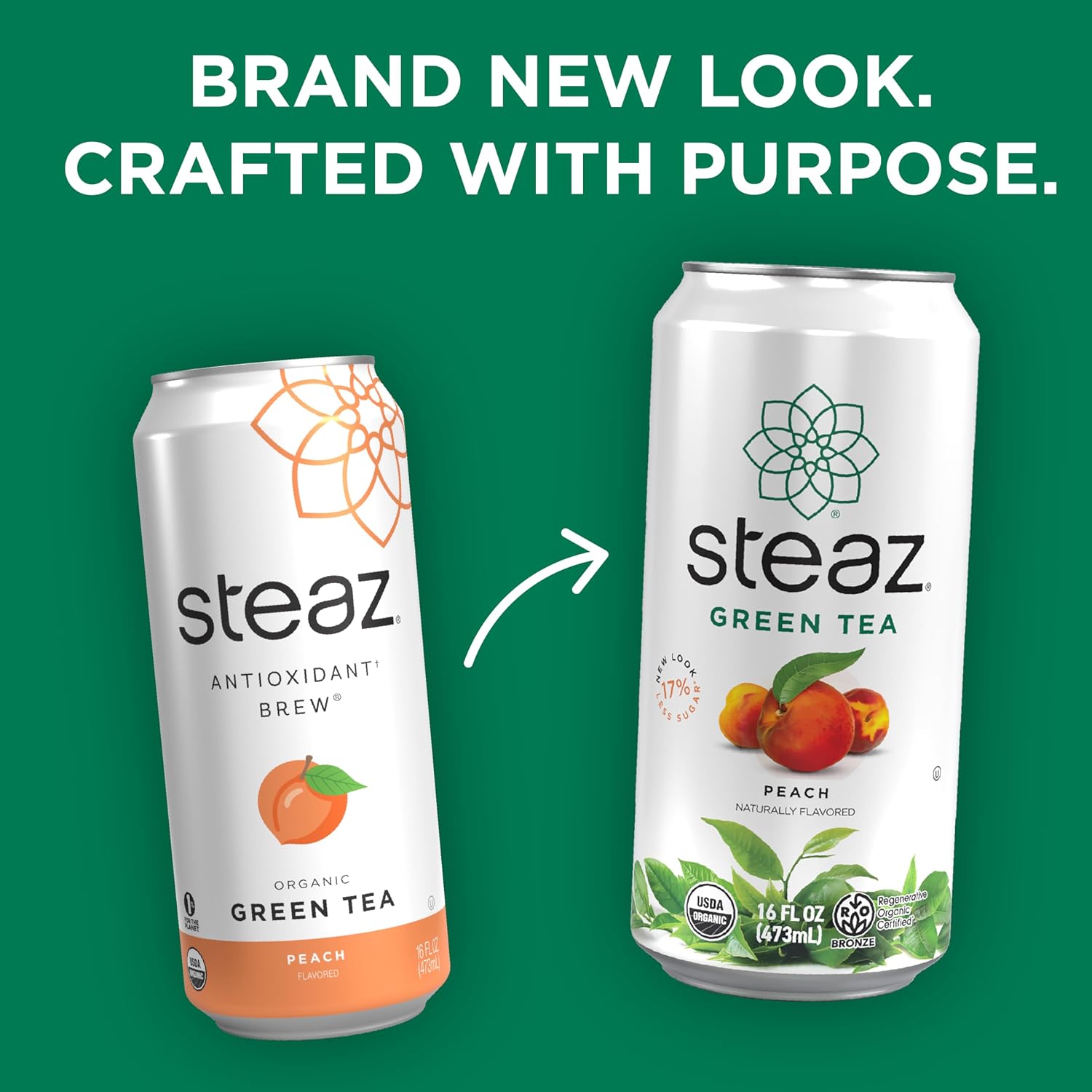 Steaz - Organic Green Tea - Peach (12 Pack) - 30mg Natural Caffeine, 70 Calories,Cane Sugar - Sweetened Iced Tea - Regenerative Organic Certified®️ - Vegan, Direct Trade - 12 Cans, 16 fl oz