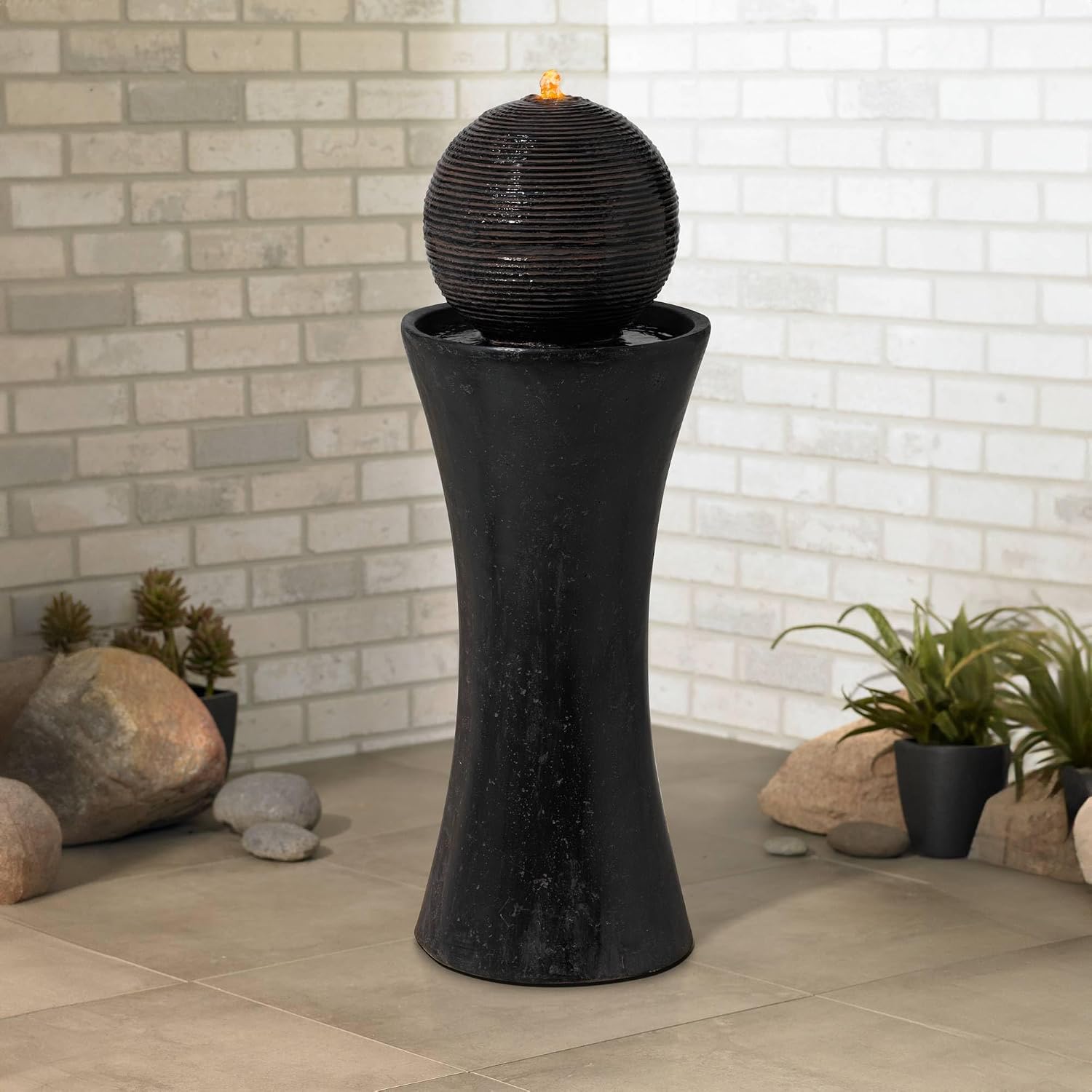 John Timberland Dark Sphere 35 1/2" High LED Pillar Indoor Bubbler Fountain | Large Zen Modern Outdoor Decor Faux Stone Floor with Light Ball Water