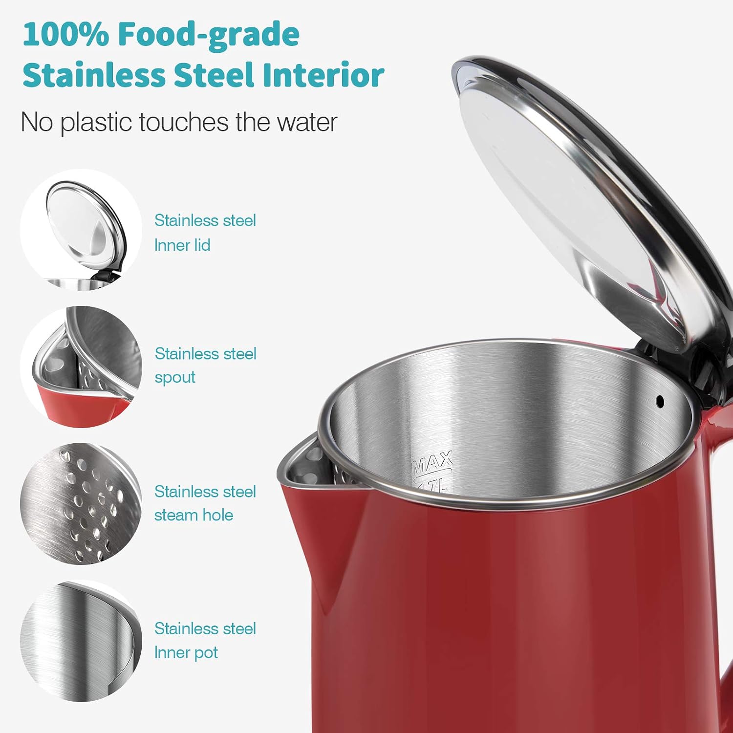Secura Original Stainless Steel Double Wall Electric Water Kettle 1.8 Quart with Auto Shut-Off & Boil-Dry Protection, Red SWK-1701DR/HB-3227B