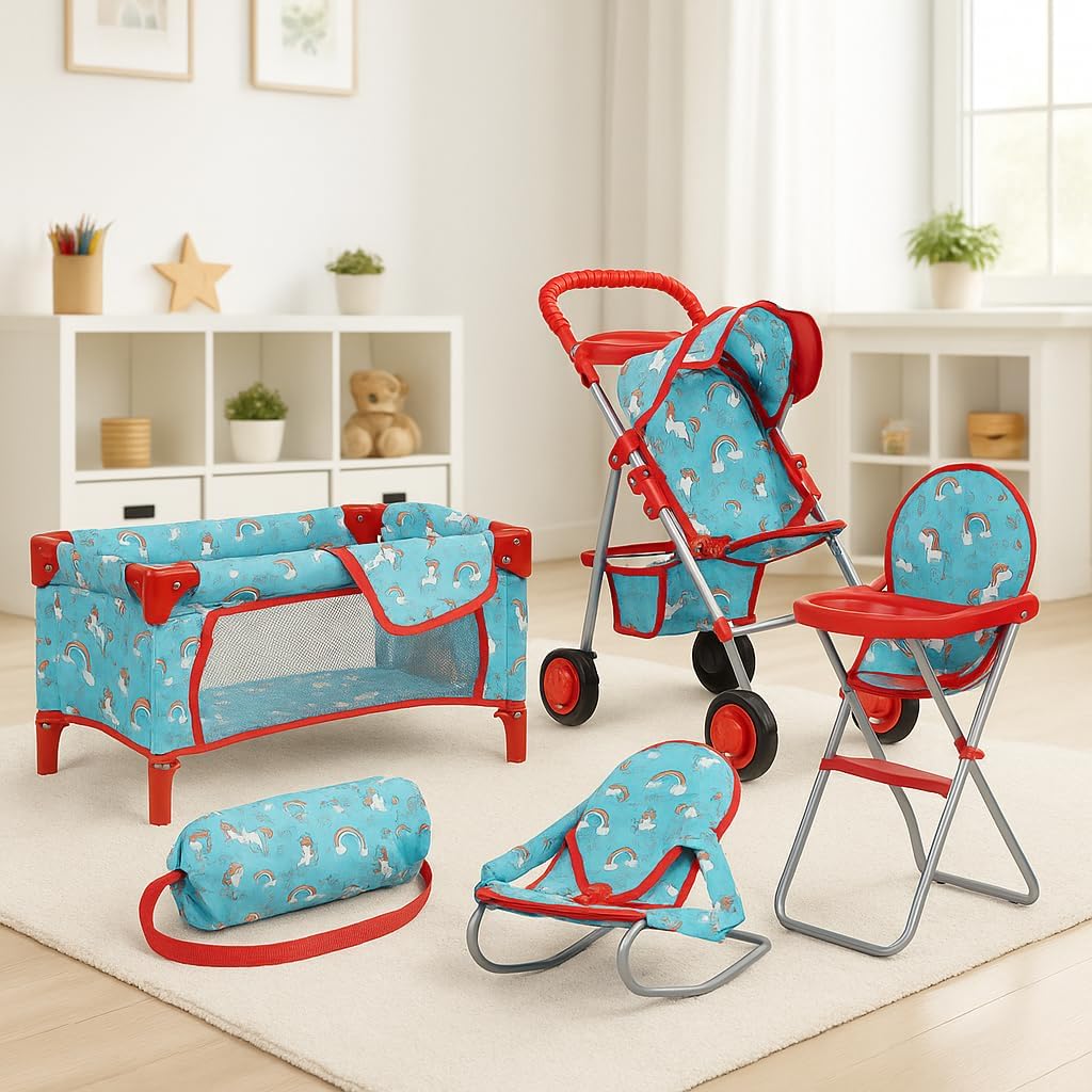 fash n kolor 4 Piece Baby Doll Play Set Flower Design Includes - Foldable Pack N Play, Baby Doll Stroller, Baby Doll High Chair, Infant Seat, Fits Up to 18'' Doll 4 Piece Doll Accessories Set