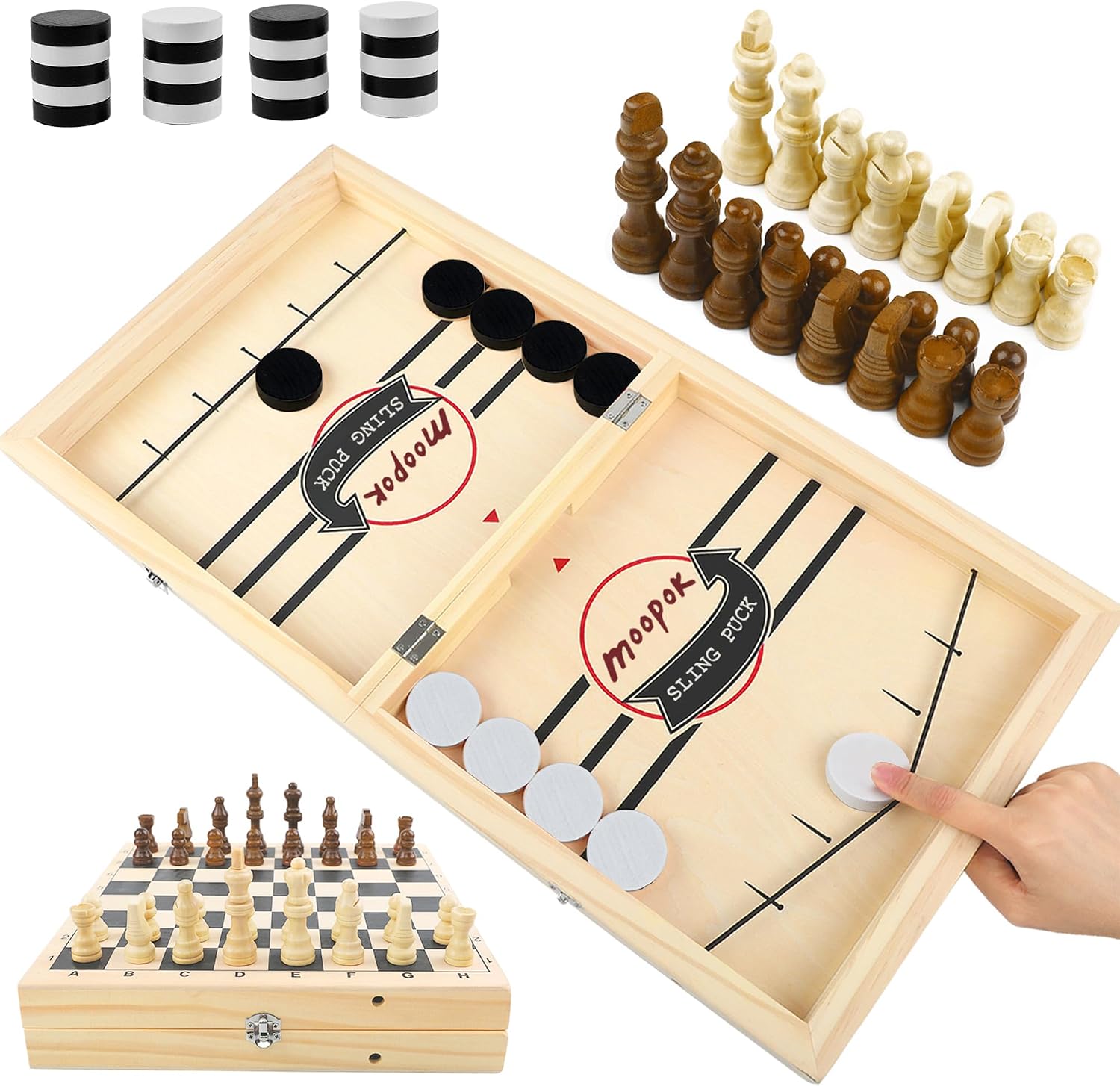 moopok Fast Sling Puck Game - Fast Action Super Foosball Table Desktop Battle Slingshot Wooden Air Hockey Board Game -Guaranteed Fun for Family Game