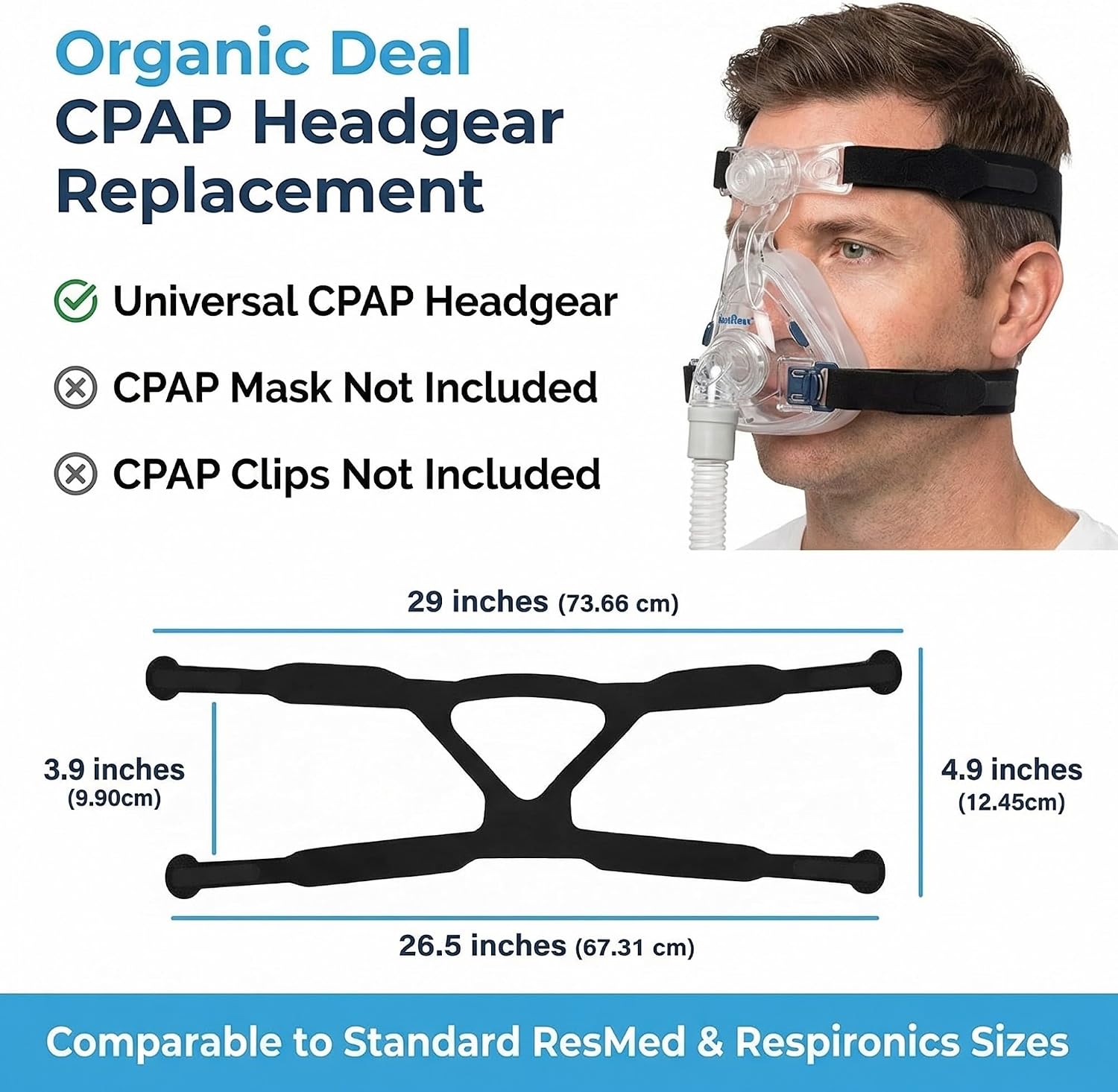 Universal CPAP Headgear Strap – Replacement for Philips Respironics Headgear & ResMed CPAP Supplies – CPAP Mask & Head Strap (Mask, Clips NOT Included)