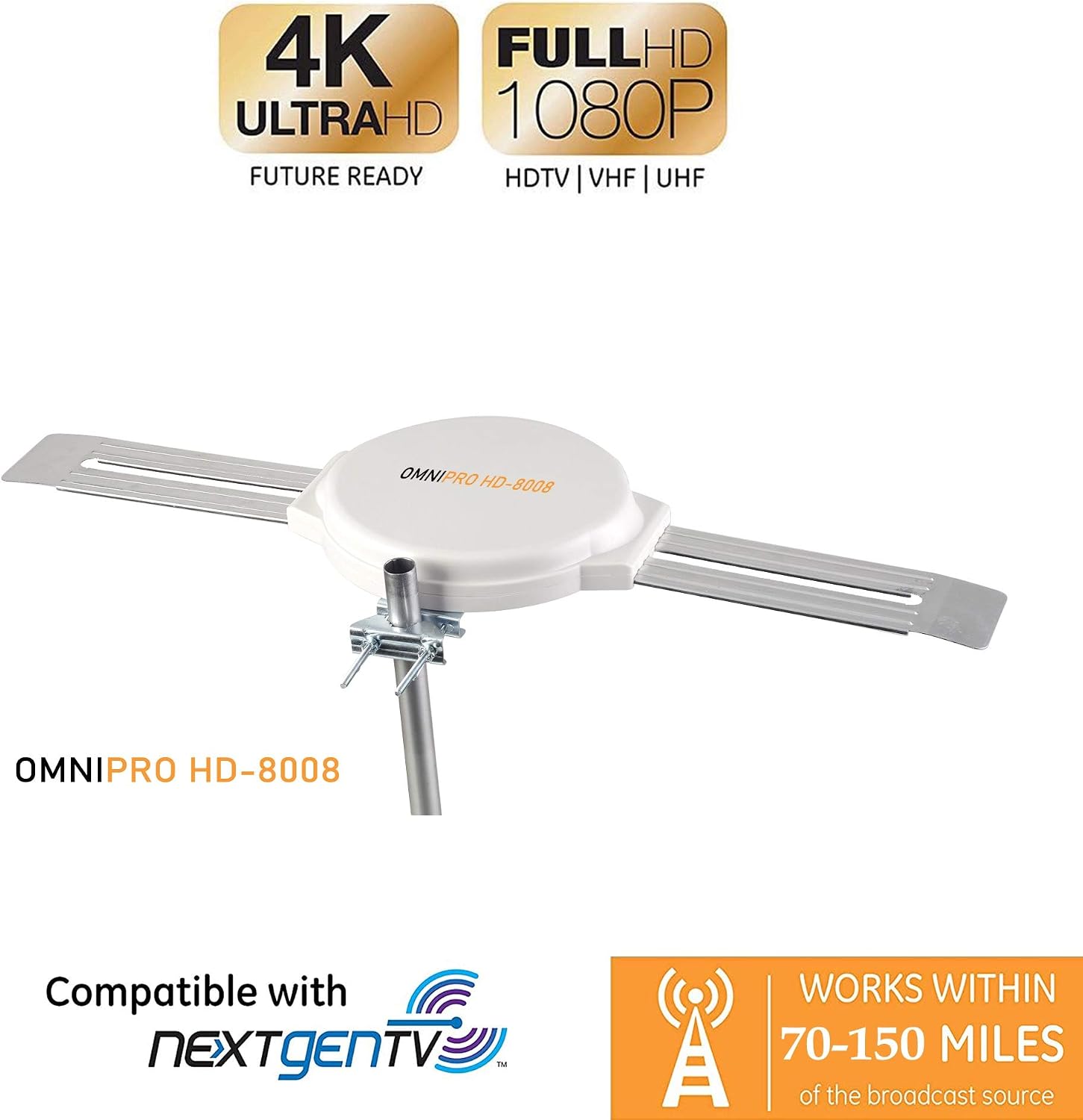 Lava Omnipro HD-8008 Omni-Directional HDTV Antenna 360 Degree - Attic or Roof Mount TV Antenna for Clear Reception, 4K 1080P (HD-8008_FBA)
