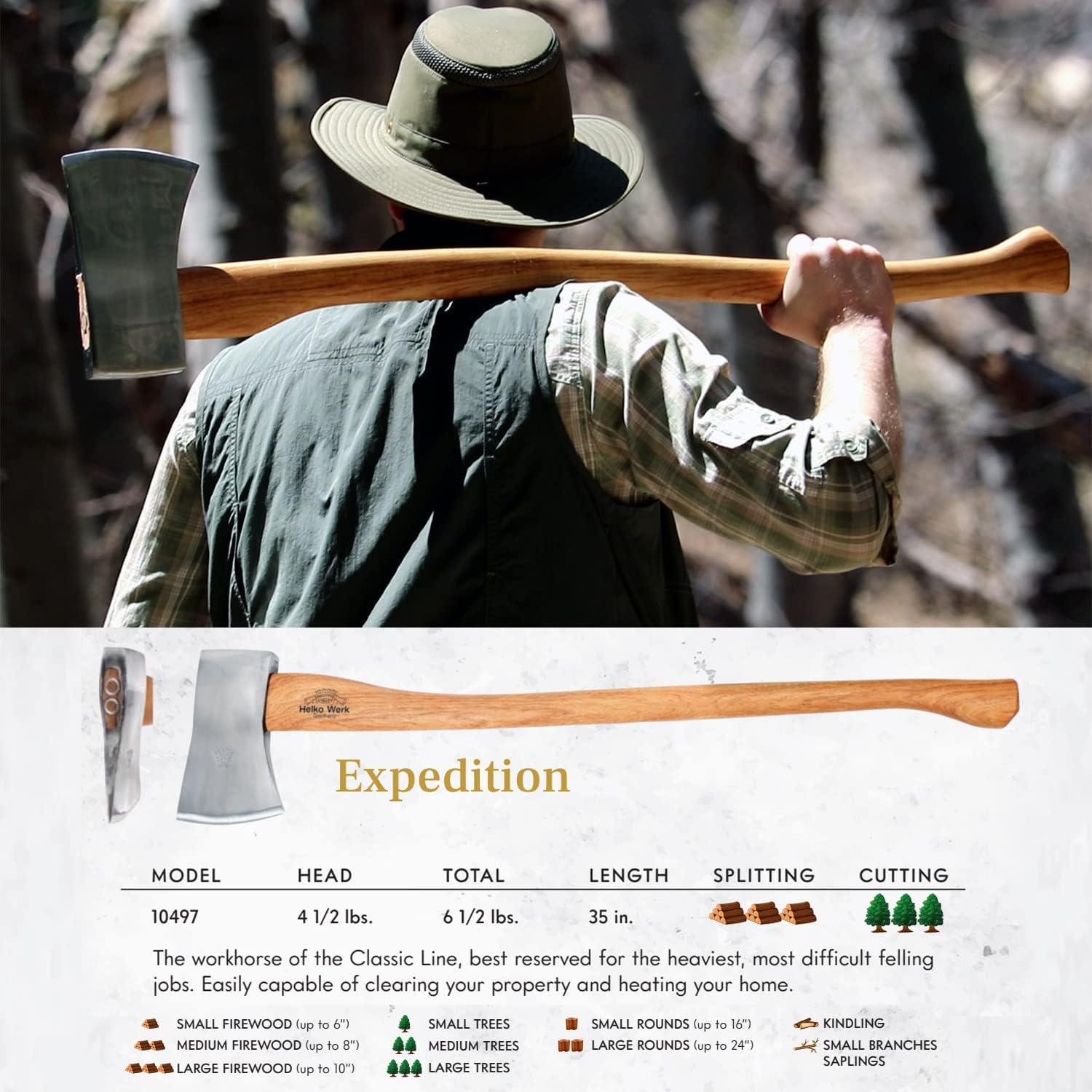 1844 Helko Werk Germany Classic Expedition Felling Axe (10497) | Made in Germany Large Felling Axe for Heavy Duty Felling Trees Cutting Wood and Timber Head 4.5lb, Handle 35 inches