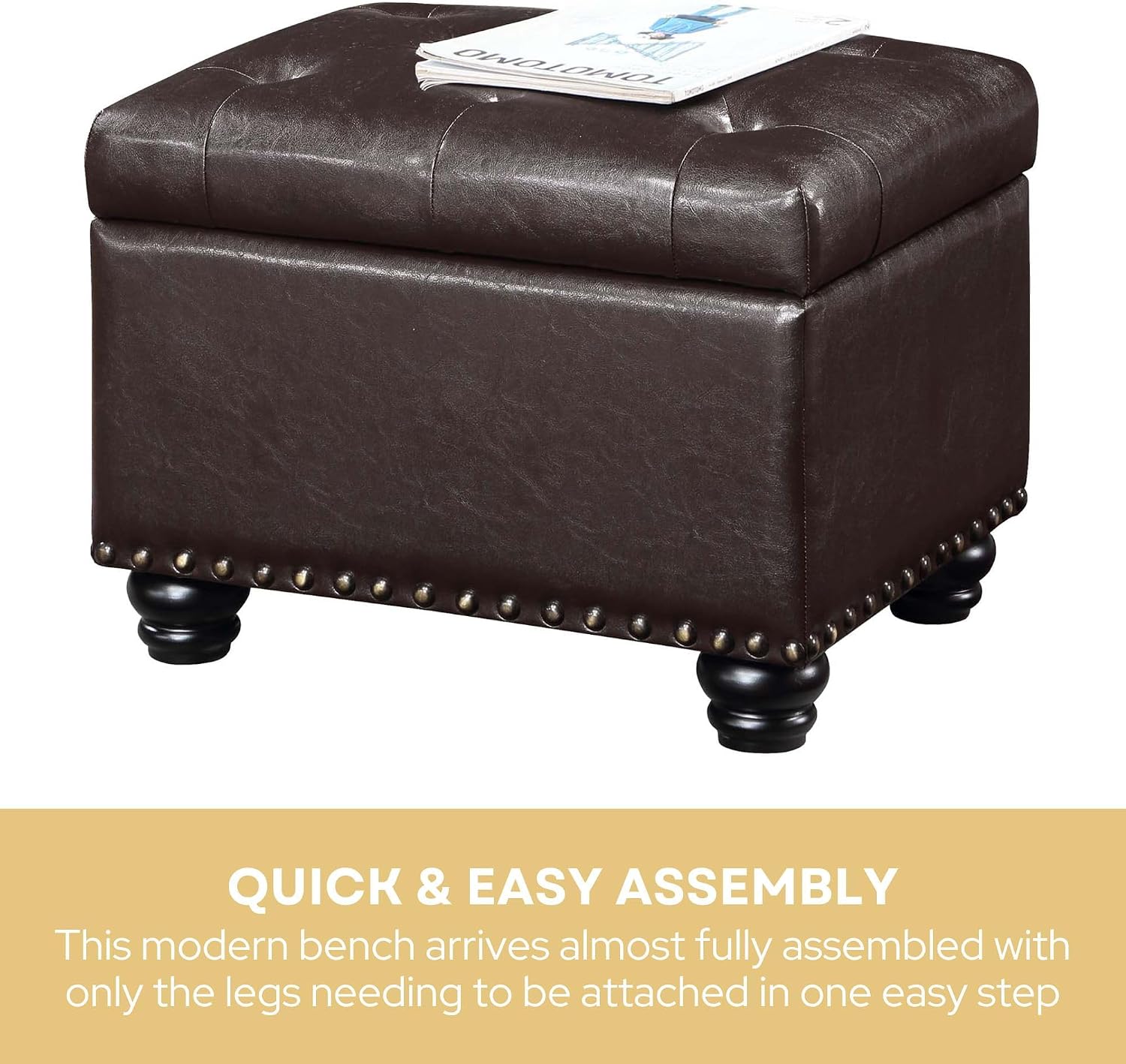 Convenience Concepts Designs4Comfort 5th Avenue Storage Ottoman 24" - Contemporary Foot Stool and Seat with Hinged Lid for Living Room, Dining Room, Office, Den, Espresso Faux Leather