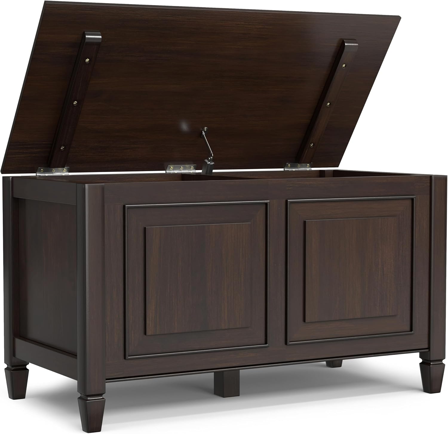 SIMPLIHOME Harvey 47" Wide Solid Mango Wood Bench in Natural | Traditional entryway bench in dark chestnut brown with a lift-up lid and 3 hidden compartments; shoe or hallway bench.