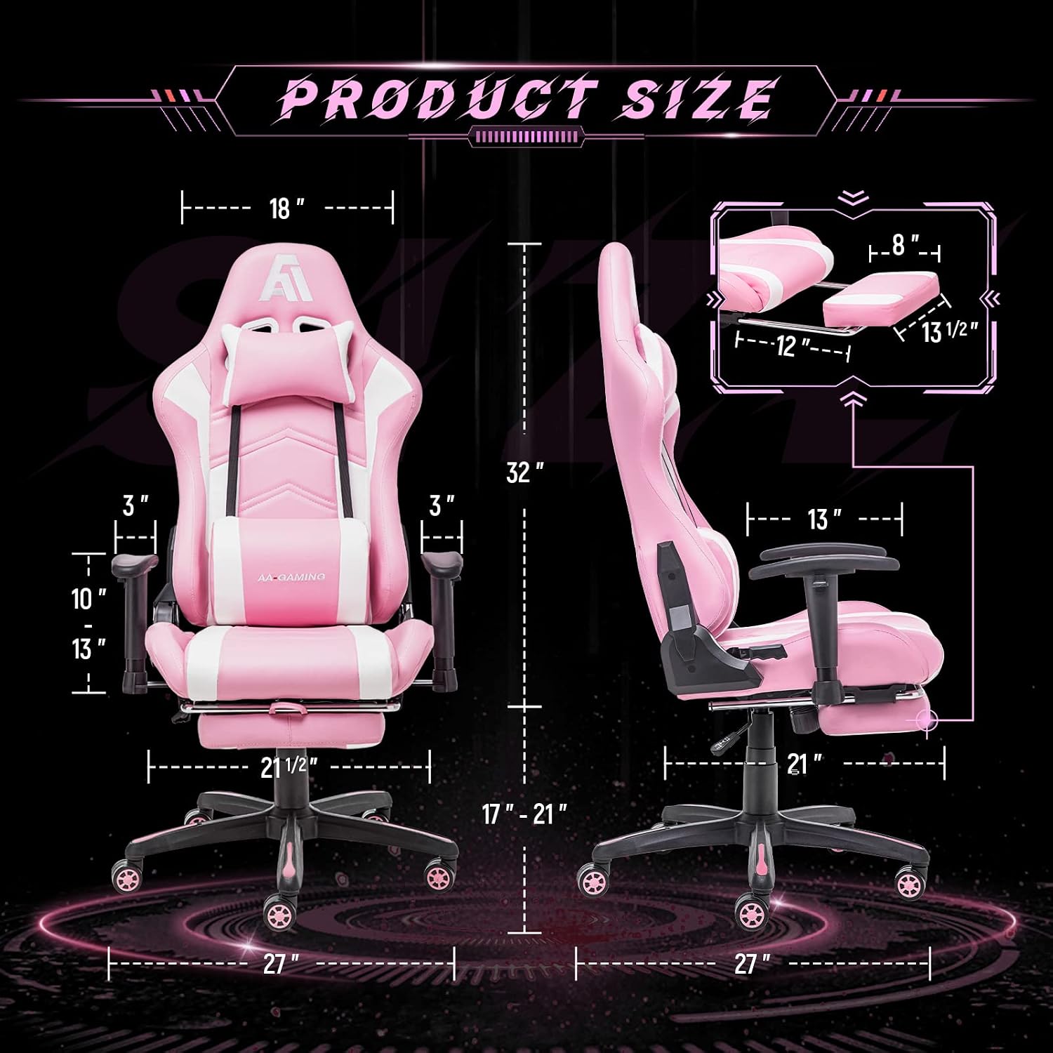 AA Products Gaming Chair Ergonomic High Back Computer Racing Chair Adjustable Office Chair with Footrest, Lumbar Support Swivel Chair - Black