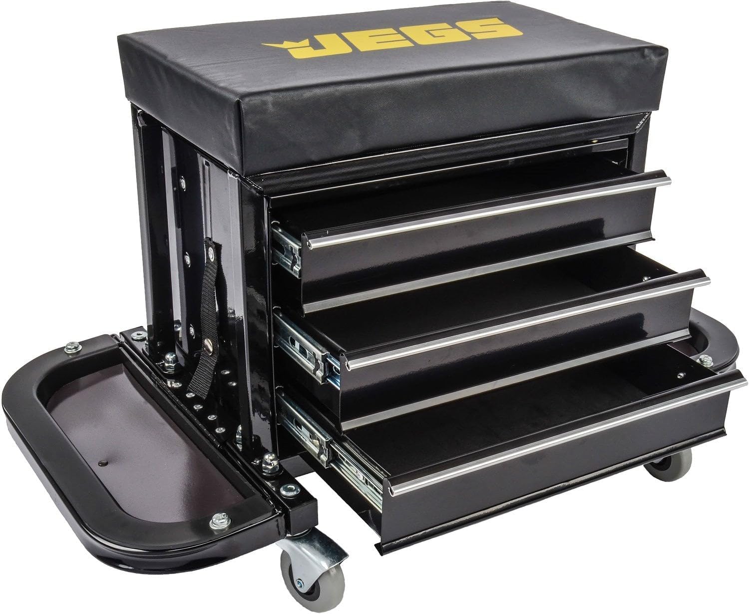 3-Drawer Rolling Tool Box Seat | 3-Drawer Rolling Tool Box Seat for supporting the driver or passenger in the vehicle; steel and rubber construction