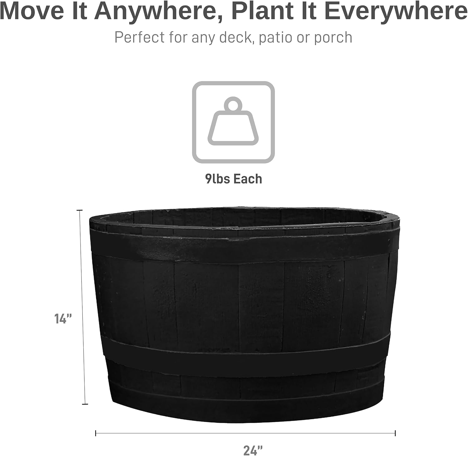 RTS Companies Home Accents 24" Whiskey Barrel Planter, Durable Polyethylene Indoor/Outdoor Flower Pot, Weather-Resistant Plastic Garden Planter, Black, 1-Pack