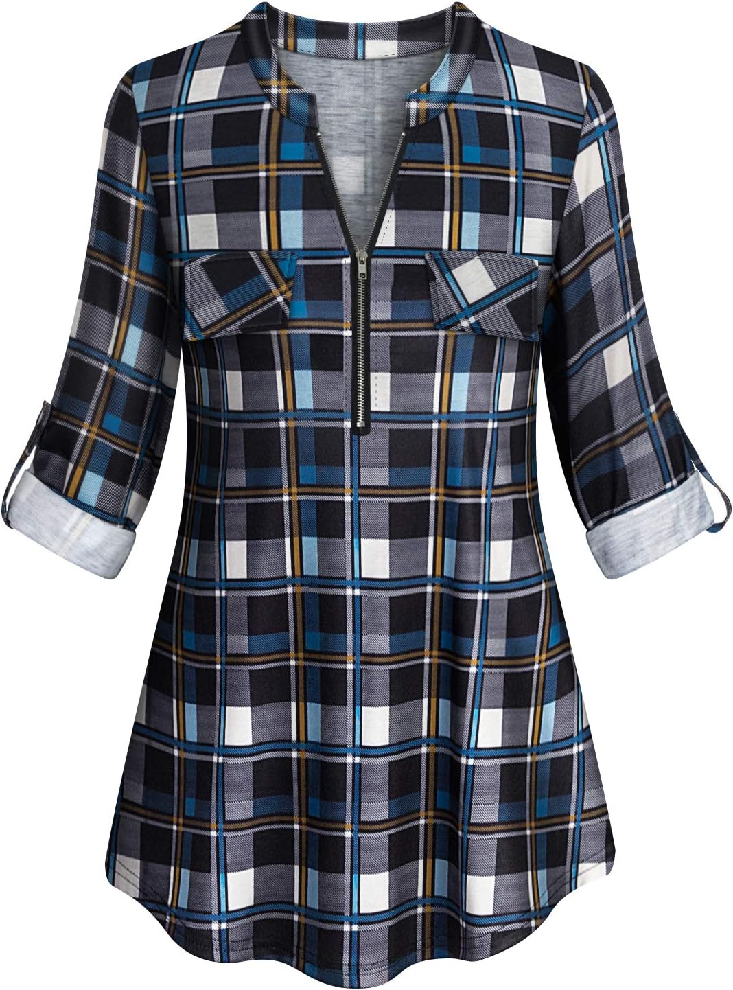 Tanst Sky Womens Casual Long Sleeve Zipped V Neck Plaid Tunic Blouses