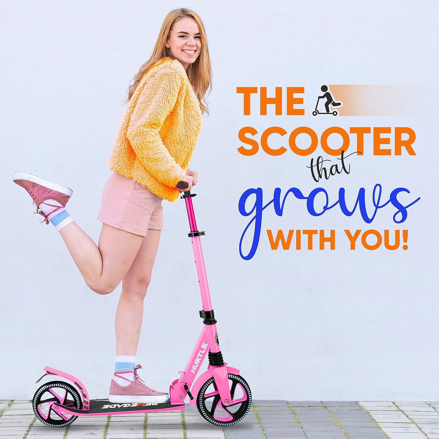 Hurtle Renegade Kick Scooter for Kids, Teenagers & Adults - 2-Wheel Folding Scooter with Adjustable T-Bar Handlebar - Alloy Anti-Slip Deck