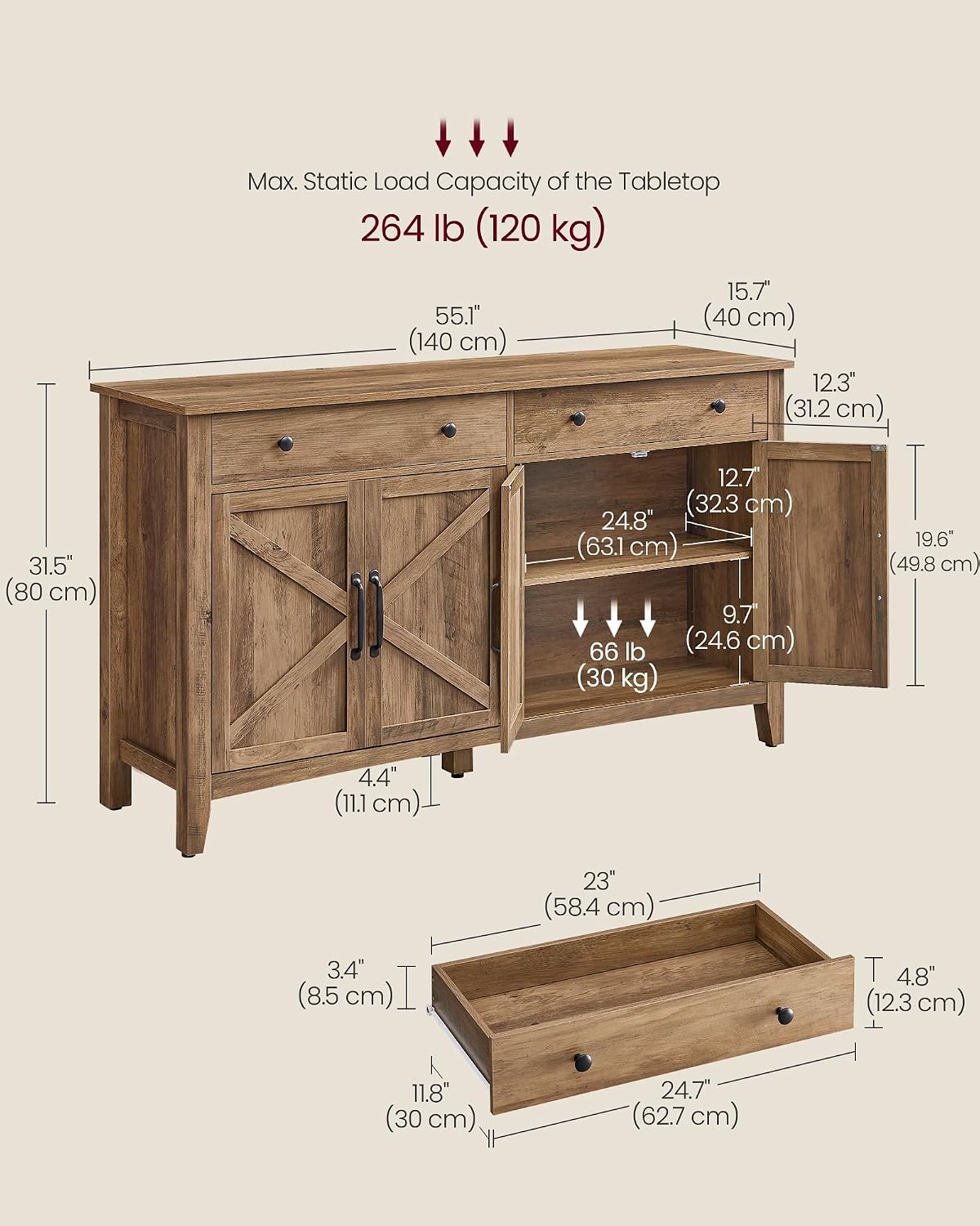VASAGLE LIRY Collection - Storage Cabinet, Buffet Cabinet, Sideboard, Credenza, with Adjustable Shelves, for Entryway, Rustic White and Honey Brown ULSC381W01