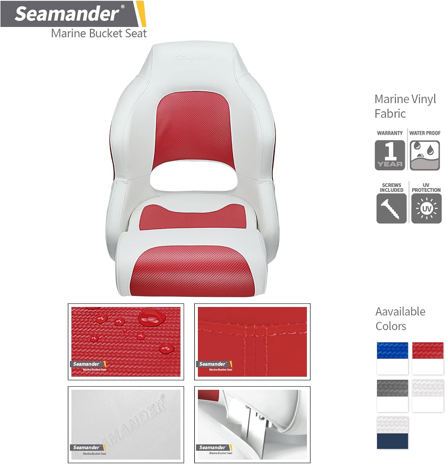 Seamander Boat Captains Chair,Captain Bucket Seat with Flip Up Bolster,Integral Rotomolded Frame, Premium EPDM Foam Material, Marine Grade Vinyl (A-White/Charcoal)
