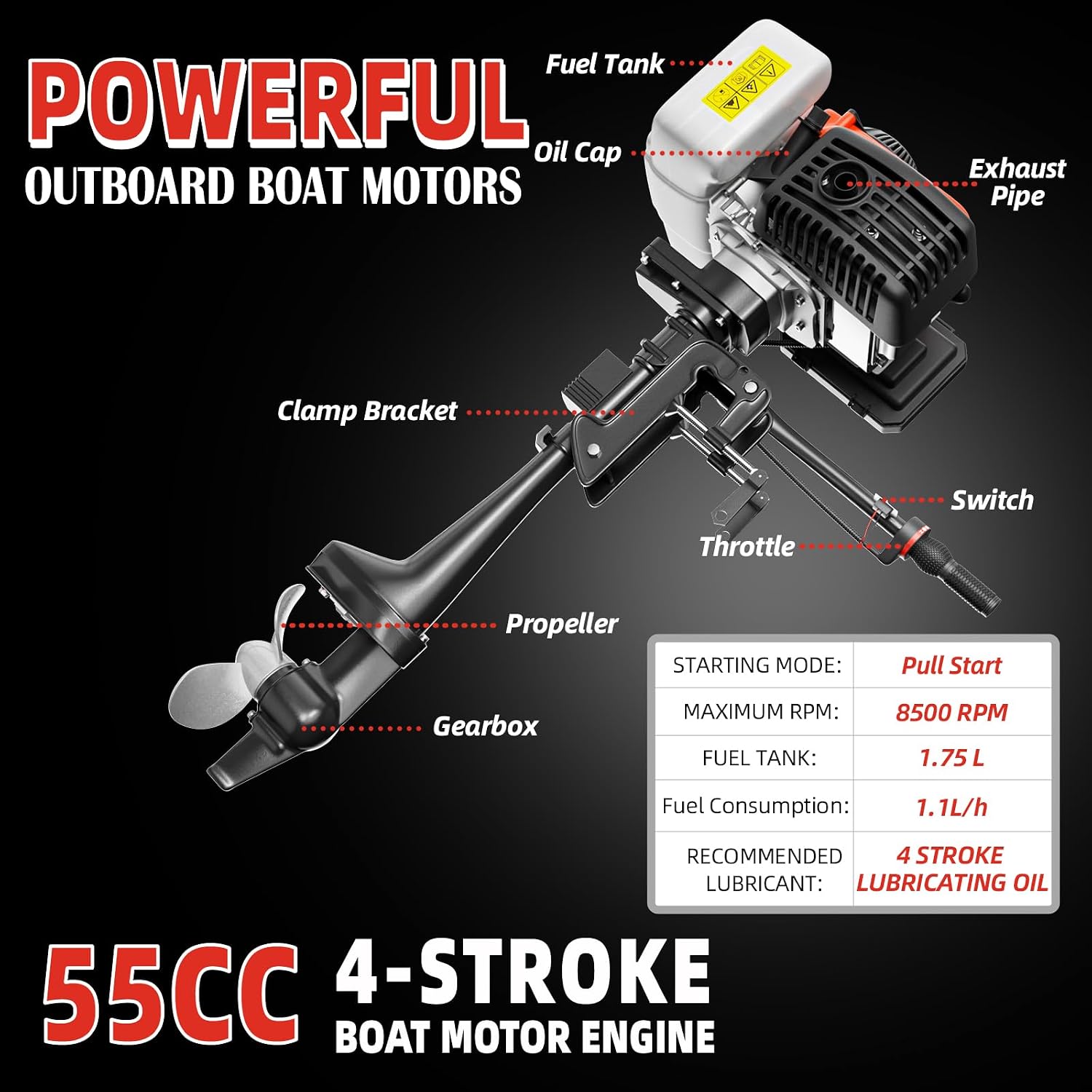4HP 4 Stroke Outboard Motor Boat Engine, Heavy Duty 55CC Boat Motor with Air Cooling CDI System