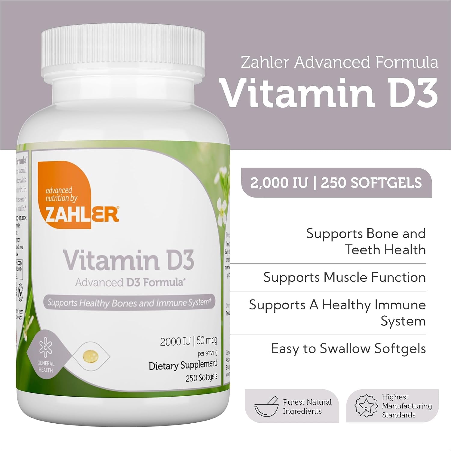 Zahler - Advanced Vitamin D3 2000 IU Softgels (250 Count) Kosher Vegetarian Friendly Vitamin D for Immune Support, Bone, Teeth & Muscle Health - Daily D3 Vitamin Supplement for Adults - Easy Swallow V