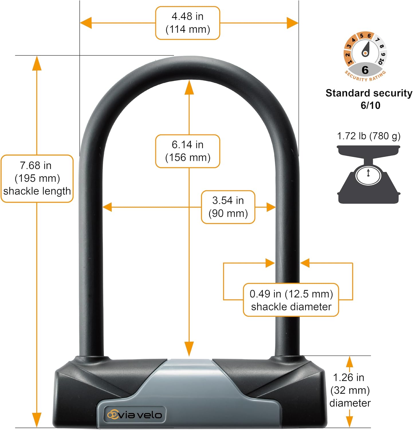 Bike U Lock with Cable - Via Velo Heavy Duty Bicycle U-Lock,14mm Shackle and 10mm x1.8m Cable with Mounting Bracket for Road, Mountain, Electric & Folding Bike
