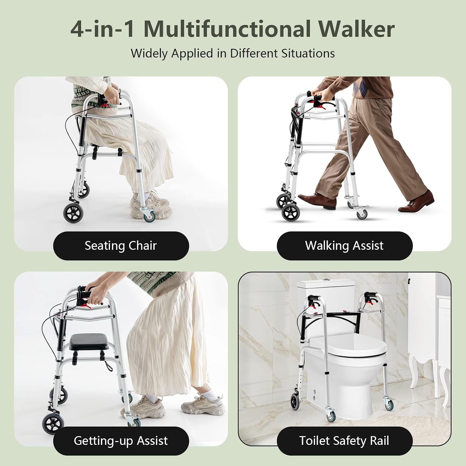 Goplus Walkers for Seniors, 4-in-1 Folding Walker with 5’’ Wheels, Detachable Seat, Height Adjustable Stand Up Walker