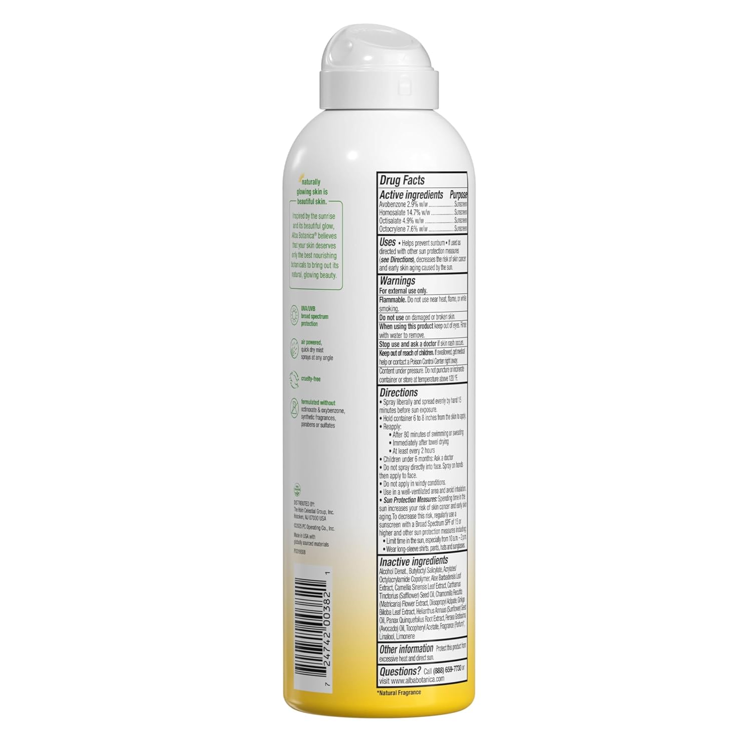 Alba Botanica Sport Sunscreen Spray for Face and Body, SPF 50, 5 fl oz Bottle