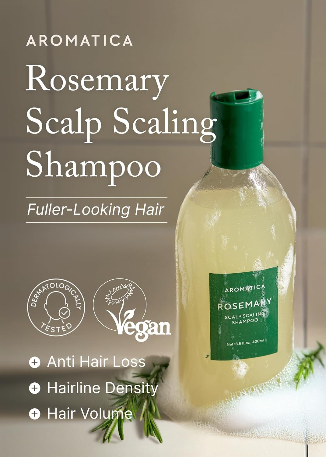 AROMATICA Rosemary Scalp Scaling Shampoo for Hair Growth | Korean Hair Care for Thinning Hair & Hair Loss, Natural Essential Oil, Vegan, Sulfate Silicone Paraben Free (13.53 oz)