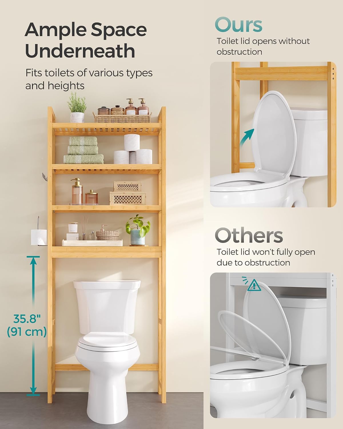 SONGMICS Over The Toilet Storage, 3-Tier Over Toilet Bathroom Organizer with Adjustable Shelf, 10.2 x 24.8 x 66.9 Inches, Space-Saving, Cloud White UBTS01WT