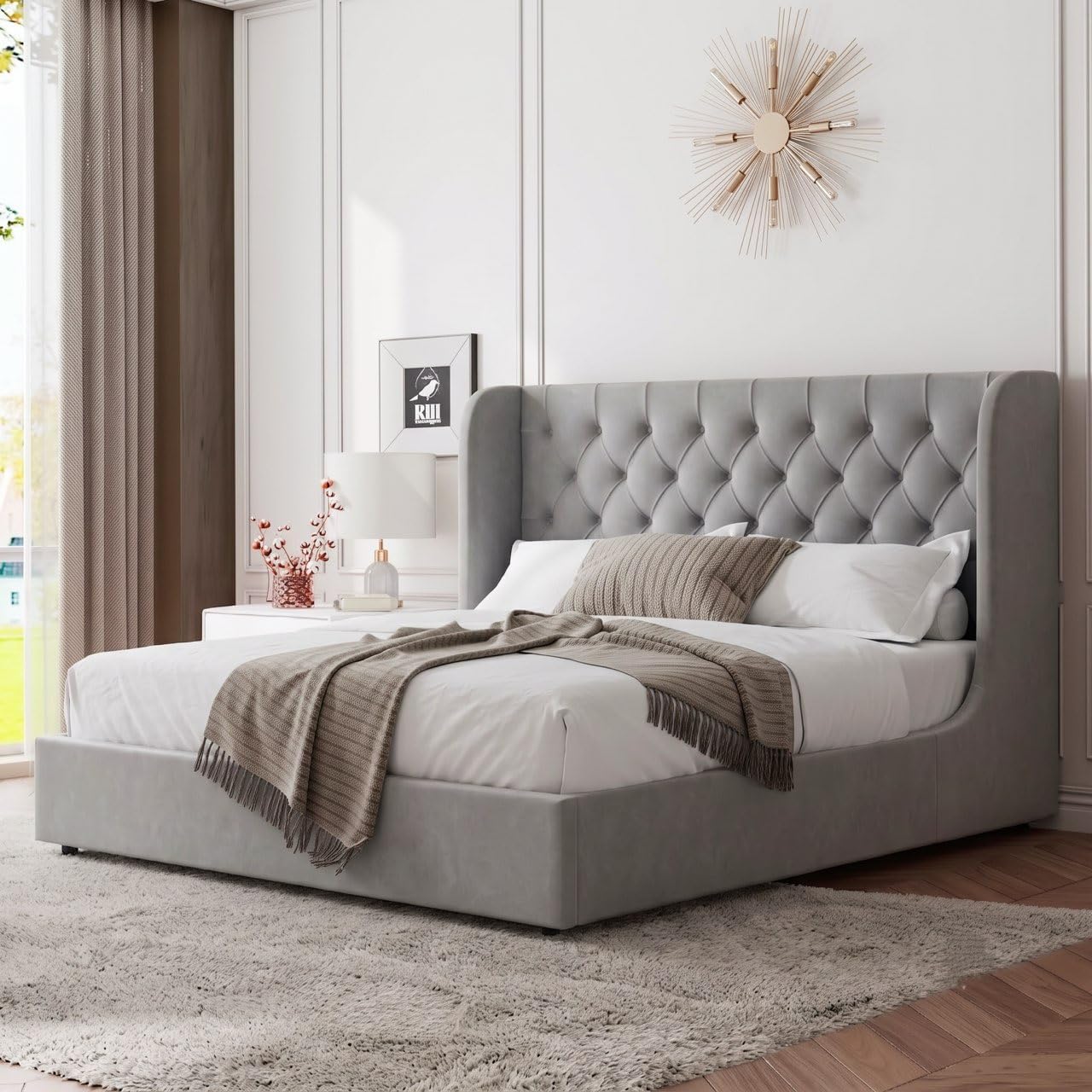 HOMBCK Full Size Bed Frame with Headboard, Upholstered Platform Bed, White | Velvet Tufted Curved Wingback/Wooden Slats Support/No Box Spring Needed/Noise-Free/Easy Assembly