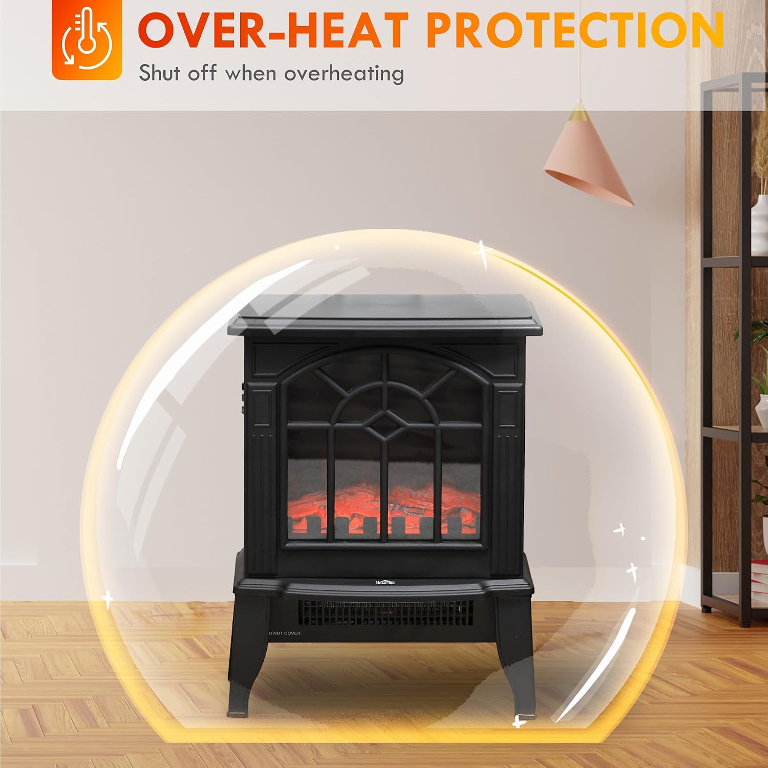 HOMCOM Electric Fireplace Stove 18" Freestanding Fireplace Heater Black | Realistic Flame, Overheating Protection, Portable, 750W/1500W