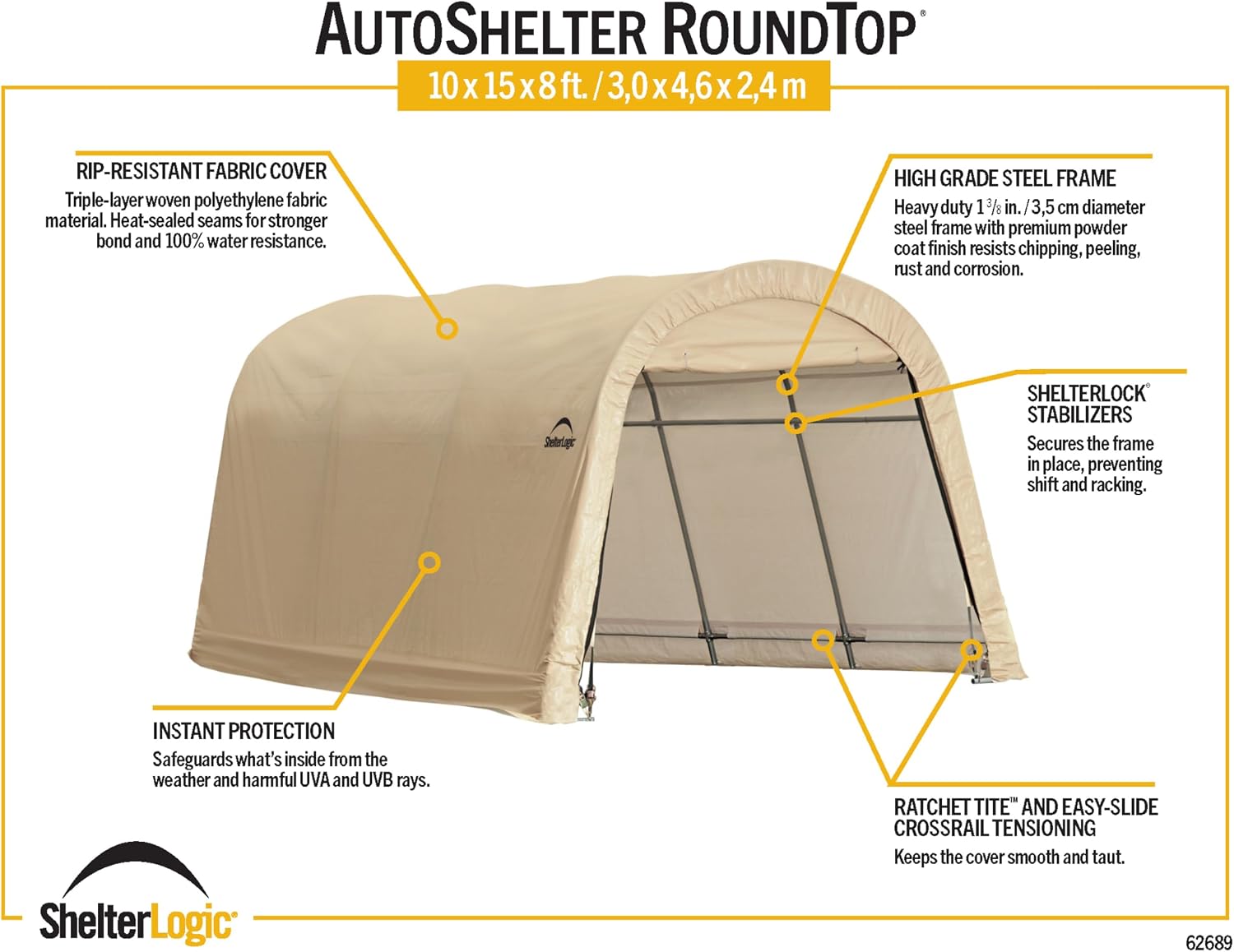 ShelterLogic 10' x 15' x 8' All-Steel Metal Frame Round Style Roof Instant Garage and AutoShelter with Waterproof and UV-Treated Ripstop Cover