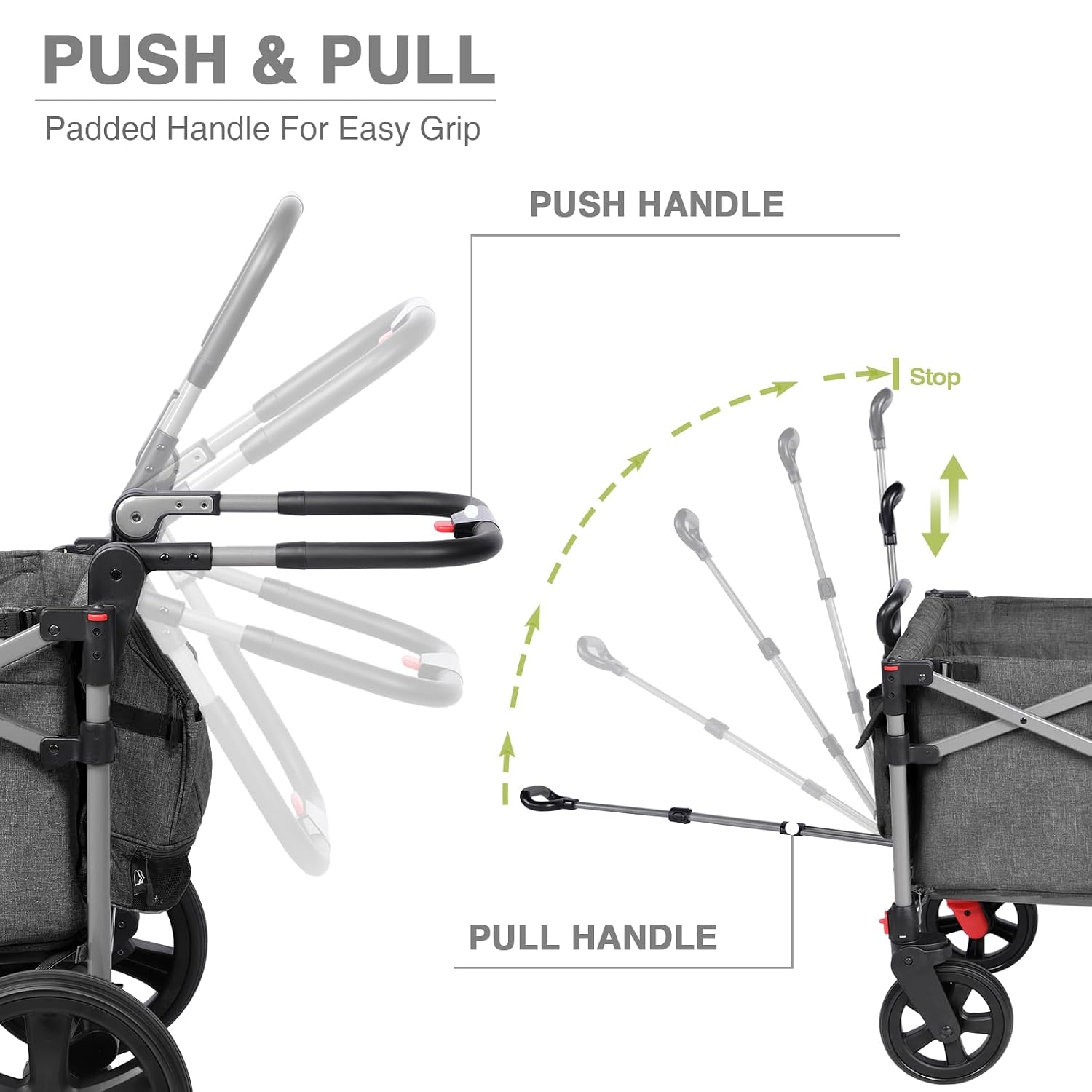 EVER ADVANCED Foldable Wagons for Two Kids & Cargo, Collapsible Folding Stroller with Adjustable Handle Bar,Removable Canopy with 5-Point Harness Gray